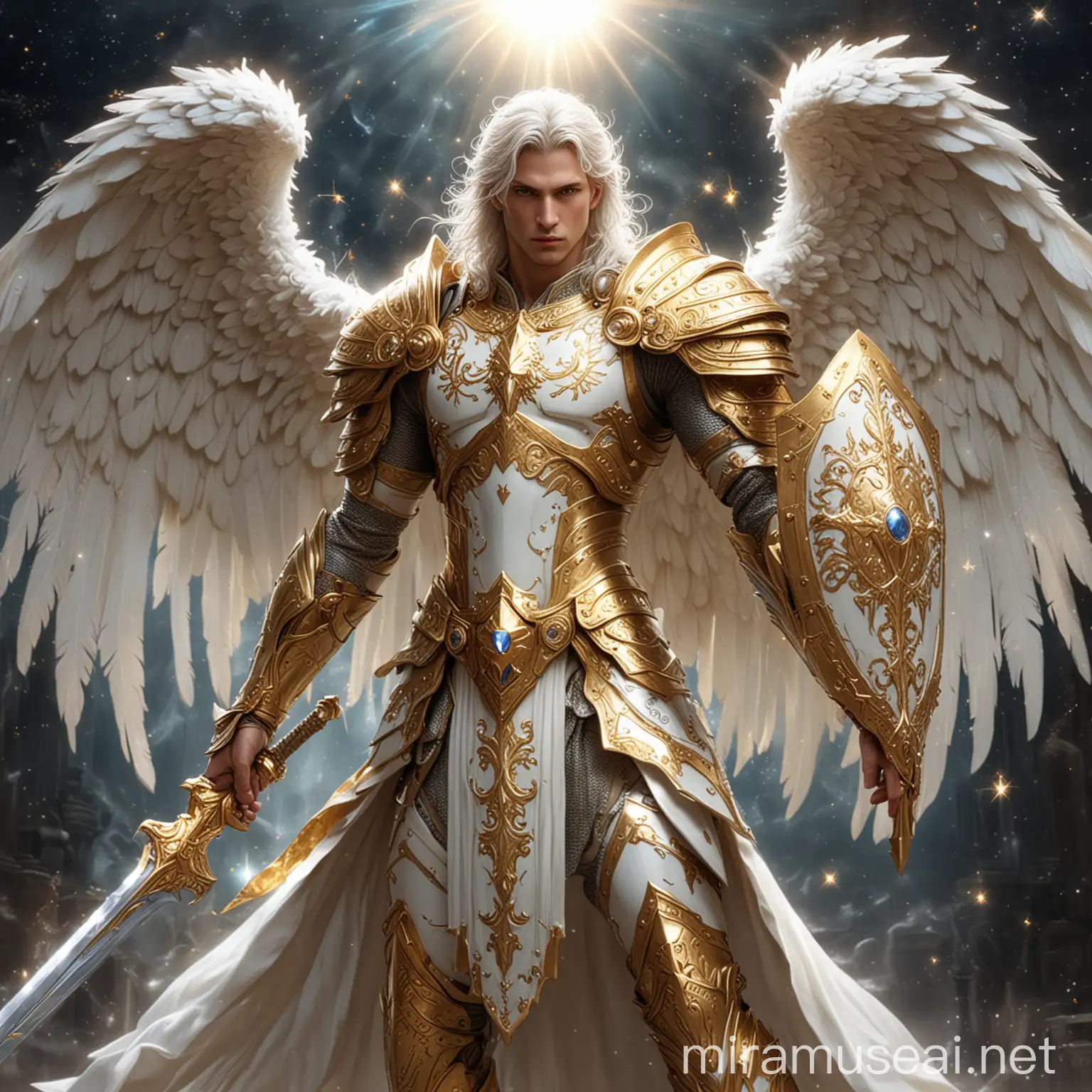 A Male Celestial Guardian is a majestic, radiant being with angelic features. It has glowing white wings, shimmering golden armor, and an aura of divine power. It carries a sword of pure light and a shield emblazoned with celestial symbols.