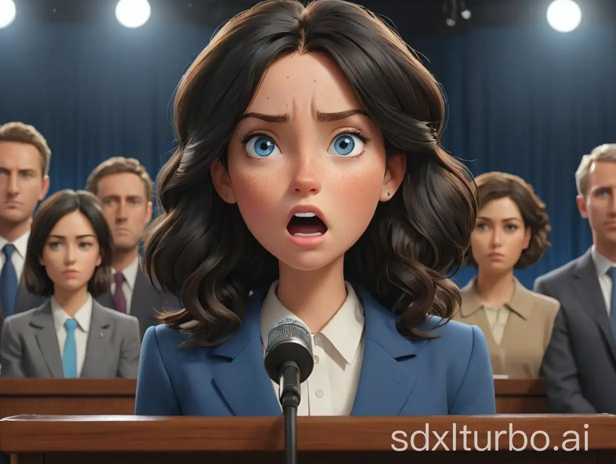 An amazing dynamic cinematic 3D photorealistic cartoon wide shot of a 21 year old Caucasian woman with long parted black hair and blue eyes is dressed as a Australian politician, she has freckles around her nose and upper cheeks, she is standing in the middle of a debate stage, we see there are 2 other opponents to her left and her right, we see a debate stage, we see her debating against other politicians who are on the debate stage, she standing at a platform with a microphone, she is speaking into the microphone, it is a very exciting image, gel lighting, complex, spectral rendering, inspired by Hiroaki Samura, visually rich, Australia, stunning, 999 centillion resolution, 9999k, accurate color grading, sub-pixel detail, highest quality, Octane 10 render, seamless transitions, HDR, ray traced, bump mapping, depth of field, ARRI ALEXA Mini LF, ARRI Signature Prime 99999999999999999999999999999999999999999999999999999999999999999999999999999999999999999999999999999999999999999999999999999999999999999999999999999999999999999999999999999999999999999999999999999999999999999999999999999999999999999999999999999999999999999999999999999999999999999999999999999999999999999999999999999999999999999999999999999999999999mm, f/1.8-2L, ar 4:3, illustration, cinematic, 3d render, painting, anime