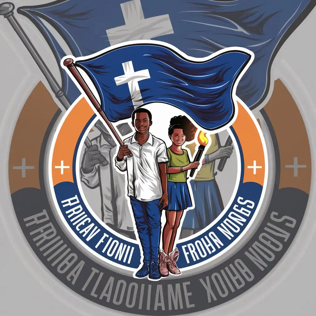 a logo design,with the original text 'ELC Wampar Seket Yut', main symbol:Create a logo featuring a ** blue flag** icon of 2 african youth (* boy holding the flag* girl holding flame torch**). The flag should prominently display the Christian cross symbol. The overall design should be balanced and harmonious, with a circular frame representing unity and continuity..white background, no foreign language text