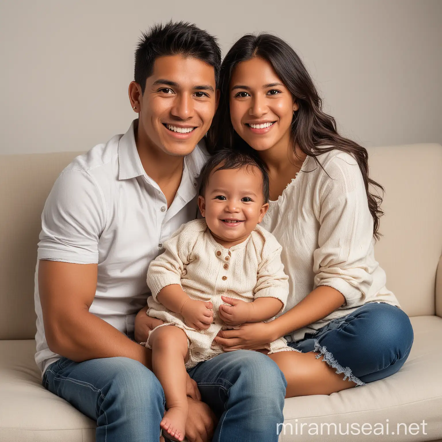Happy Peruvian Family with Baby Son on White Couch