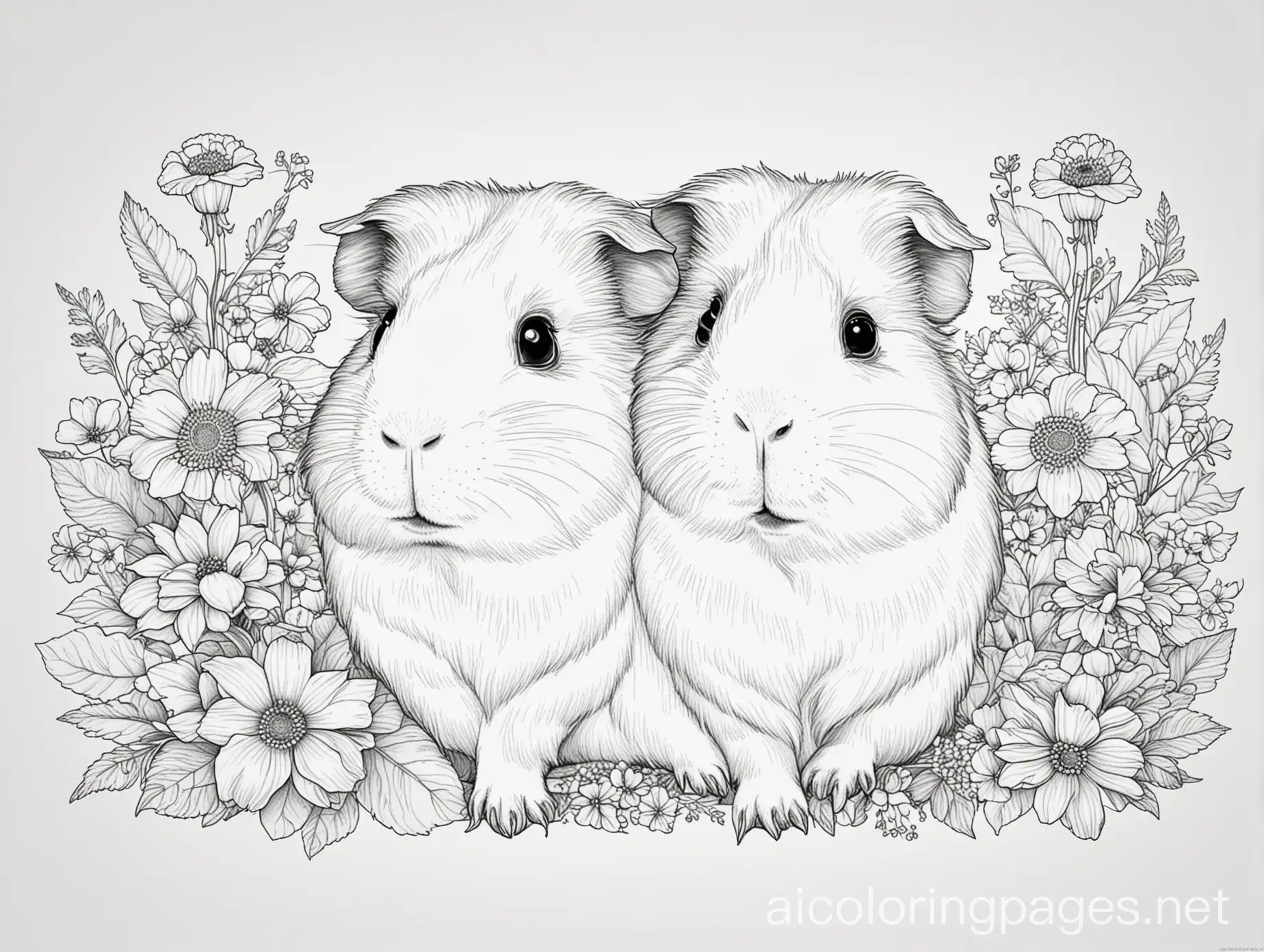 Guinea pig with flowers, Coloring Page, black and white, line art, white background, Simplicity, Ample White Space. The background of the coloring page is plain white to make it easy for young children to color within the lines. The outlines of all the subjects are easy to distinguish, making it simple for kids to color without too much difficulty