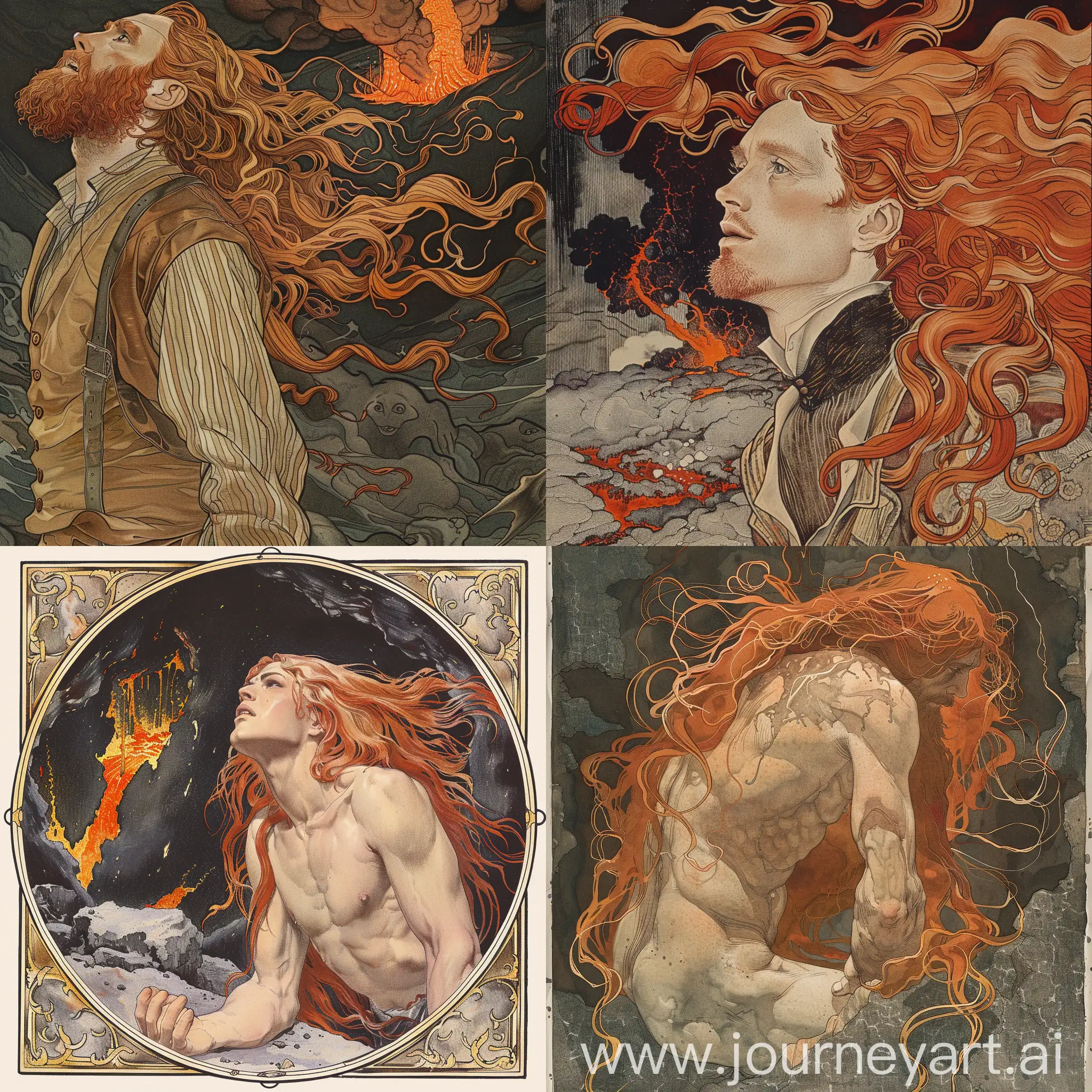 Man with long red hair, in the dark mantle, volcano, art nouveau, illustration