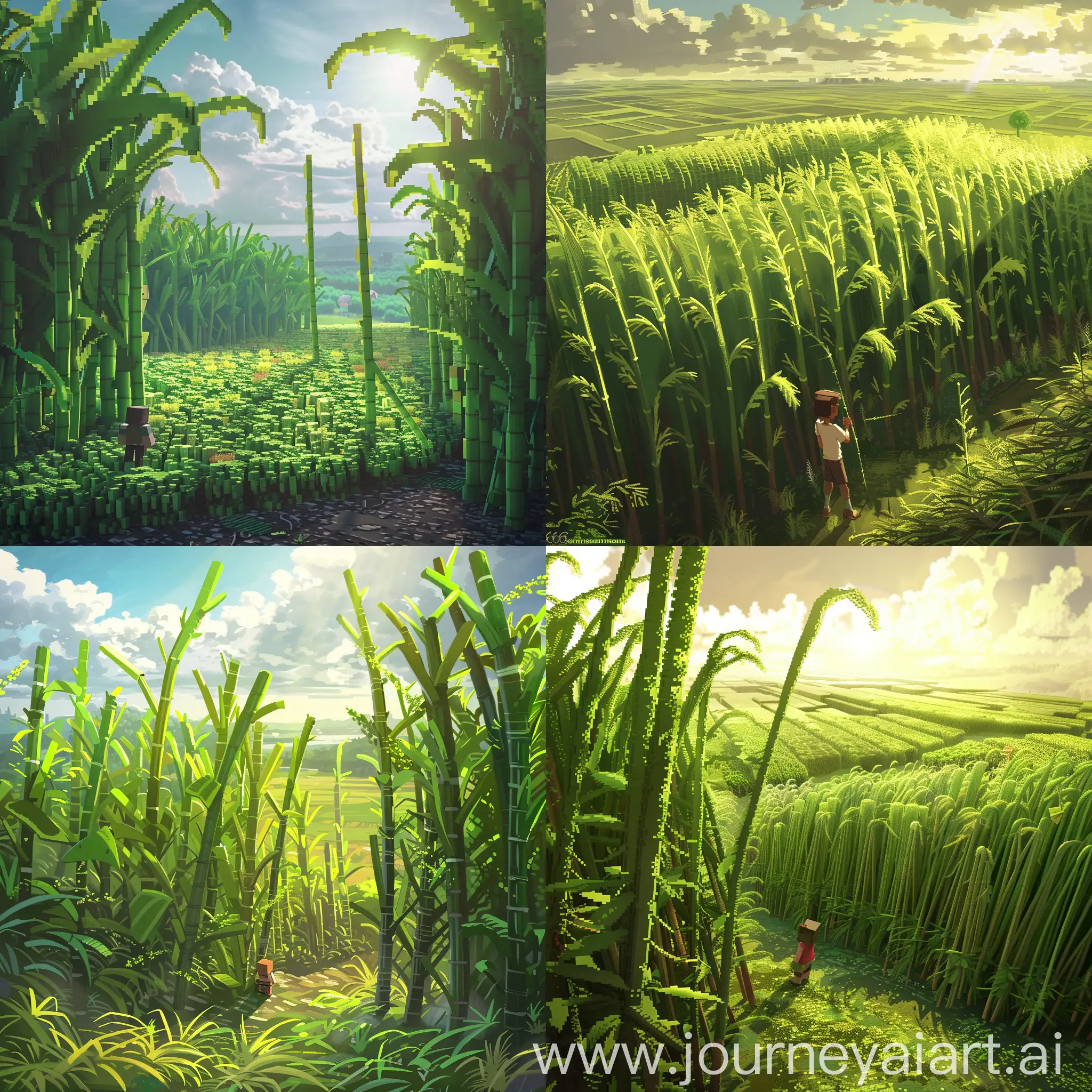 An intricate digital painting depicting the growth cycle of sugar cane in a Minecraft-inspired environment. The scene showcases lush green fields of tall sugar cane plants stretching towards the sky, swaying gently in the breeze. In the foreground, a character reminiscent of the game's avatar observes the sugar cane, studying its growth process. The character's curiosity is evident as they interact with the plant, perhaps measuring its height or inspecting its stalks. The vibrant colors and detailed textures bring the Minecraft world to life, with pixelated elements blending seamlessly with more realistic surroundings. Soft sunlight filters through the foliage, casting subtle shadows on the ground and adding depth to the scene. In the background, distant landscapes hint at the vastness of the Minecraft world, inviting viewers to explore further. The illustration captures the essence of discovery and exploration within the game, celebrating the wonder of its natural elements without the need for explicit text headings. 