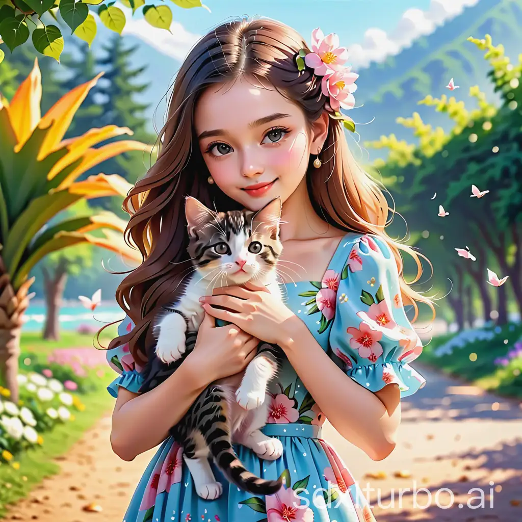 A pretty girl is holding a cute kitten, and the weather is sunny, the girl is wearing a floral dress.