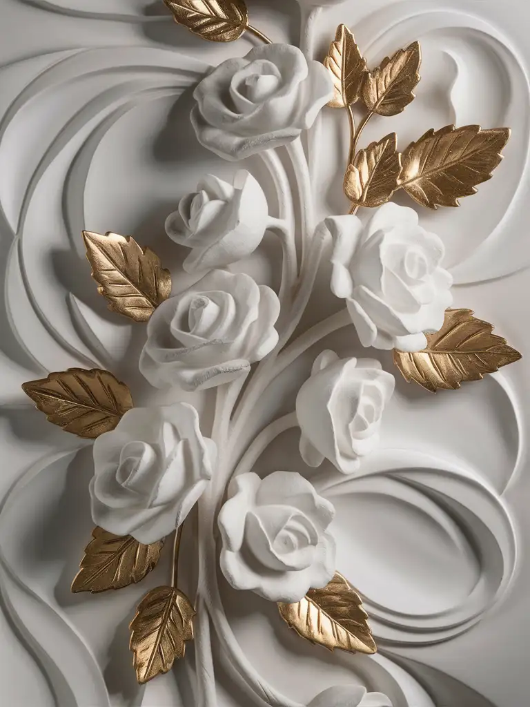 Elegant-White-BasRelief-Sculpture-of-Rose-Flowers-with-Gold-Leaves