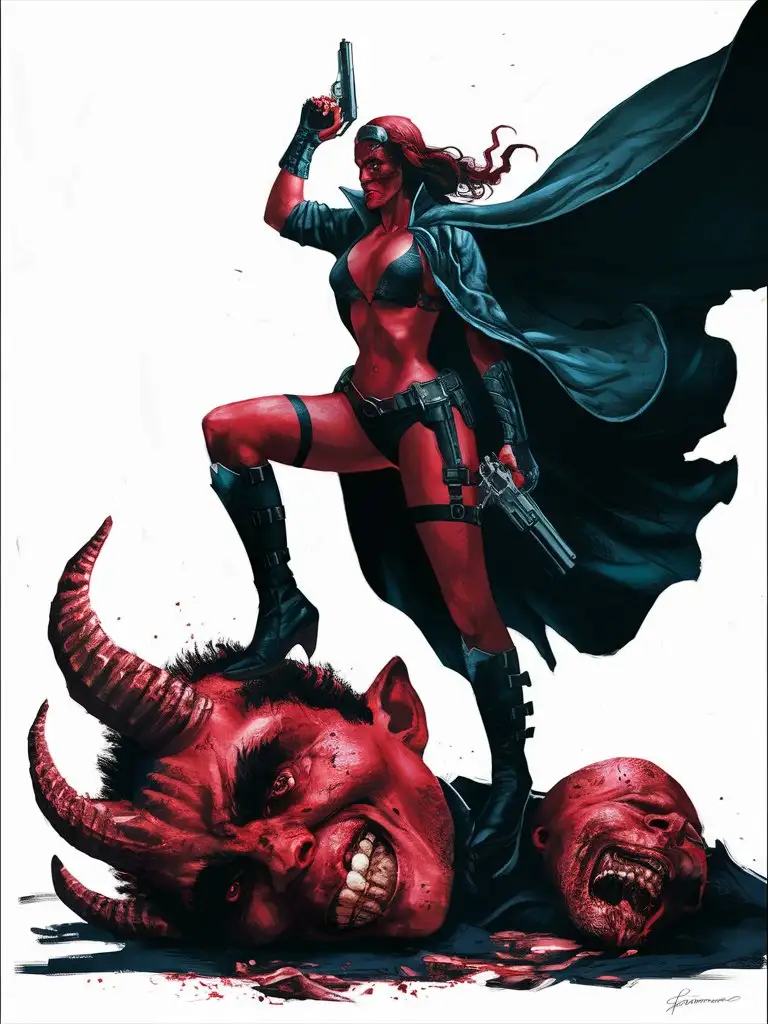 female Hellboy, cloak, red skin, white background, gun to the head, standing on the severed huge head of the devil
