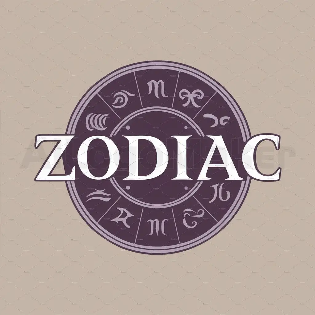 a logo design,with the text "ZODIAC", main symbol:DARK-PURPLE COLOR, ASTROLOGY,Moderate,clear background