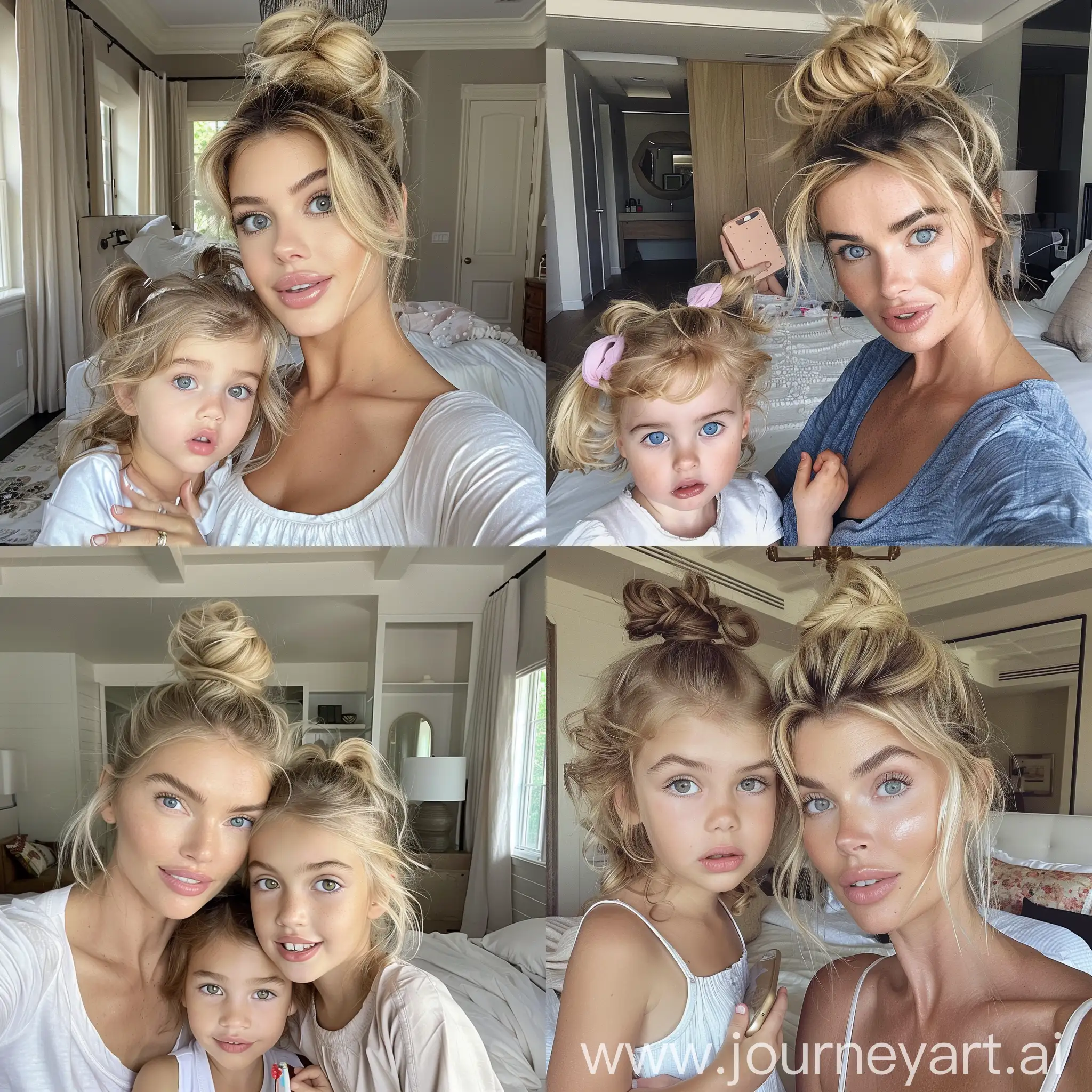 Gorgeous blonde female super model, chiseled jawline, big eyes, thick eyebrows, hair up in bun, messy hair, selfie in bedroom with daughter, luxury mansion --v 6.0 --v 6 --ar 1:1 --v 6 --ar 1:1 --
