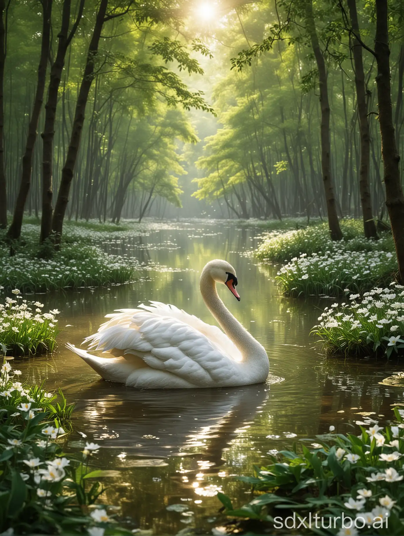 Majestic-Swan-Gliding-Through-Sunlit-Forest