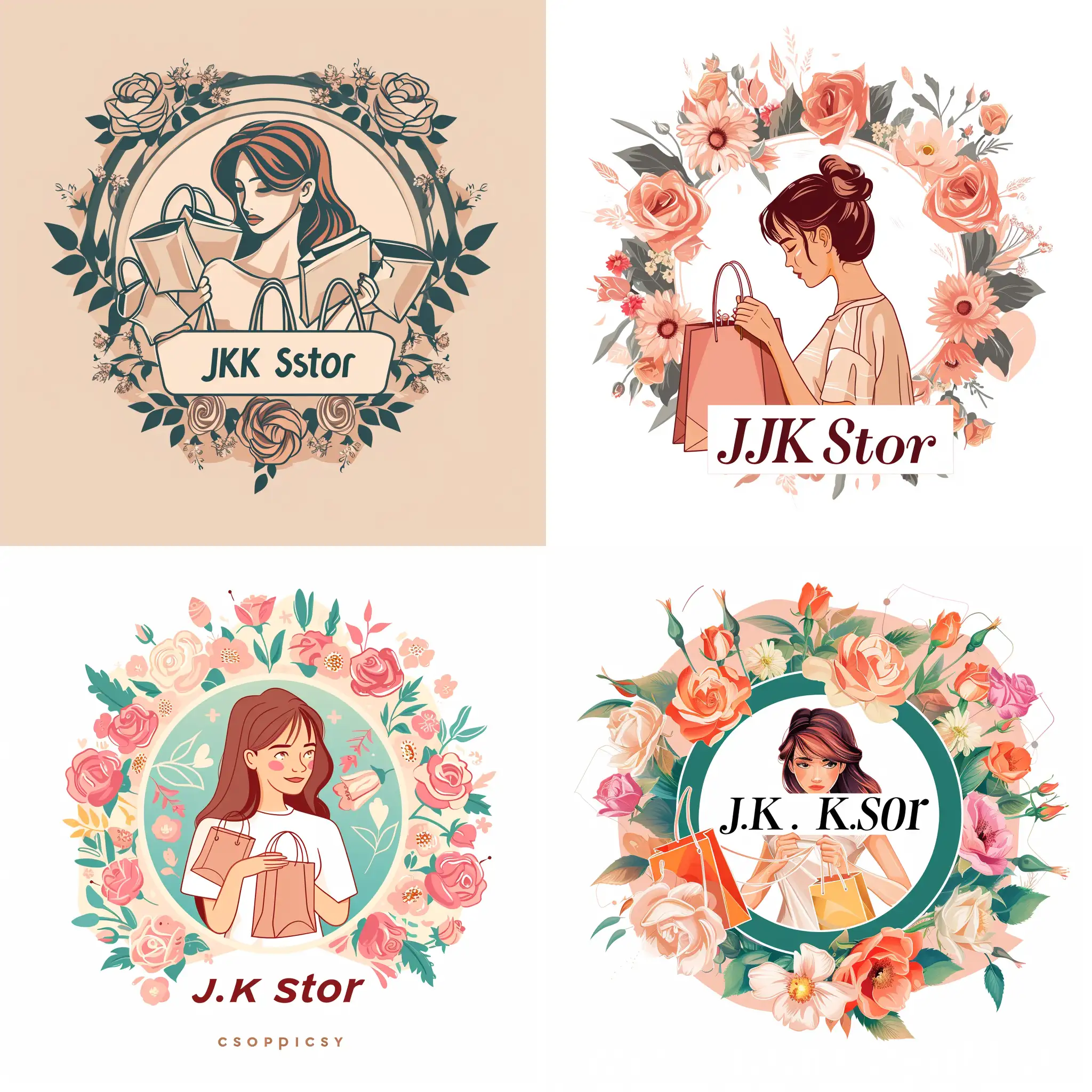 Make a logo for a women's online clothing store company called J.K Stor with a woman with her hands holding shopping bags and a circle of flowers around this woman and the background is all Rose