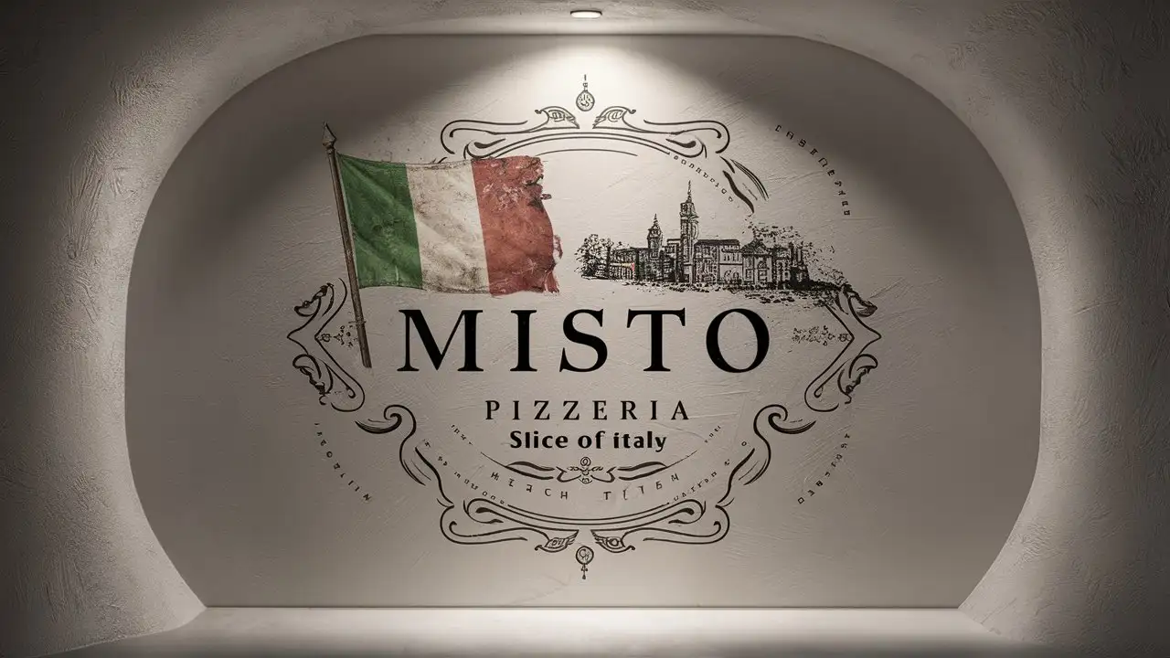Misto Pizzeria, Minimalist, Emblem, Edge Decoration, Italian colors , textured White background, EST 2024 , Italy flag, Antique, Slogan Slice of Italy , Sketched Italy City, Ornament, Rustic, Detailed, Dim atmosphere