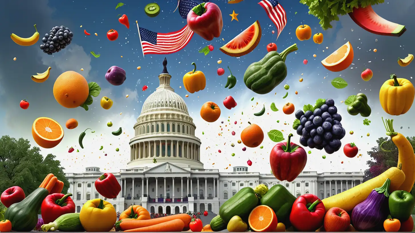 fruits and vegetables falling from the sky over the U.S. capitol, happy, digital art