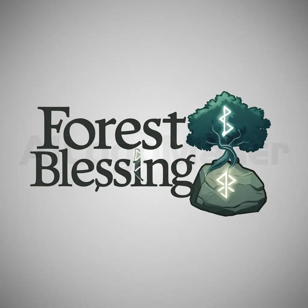 a logo design,with the text "Forest Blessing", main symbol:main symbol is a tree and a rock with rune,Moderate,be used in Entertainment industry,clear background