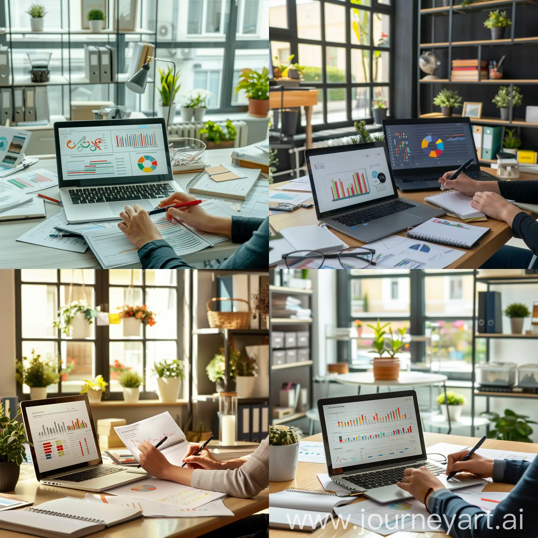 /imagine a person sitting at a desk in a modern office, with a laptop open and scattered papers around. The laptop screen displays a detailed keyword research graph with colorful bars and lines. The person is writing notes in a notebook, with a focused expression on their face. The office is well-lit with large windows, potted plants, and organized shelves. The person is wearing smart casual attire, giving a professional appearance.