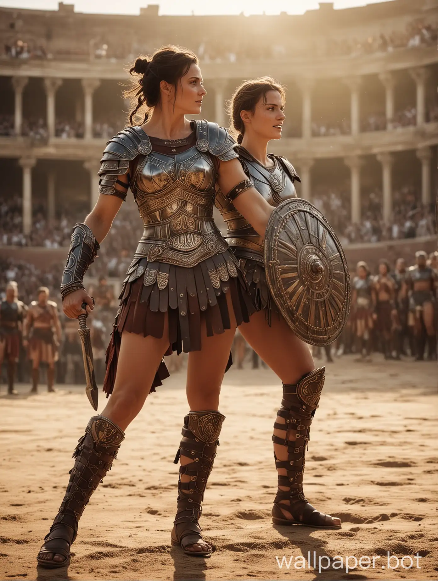 A stunning cinematic photo set in a brightly lit, ancient gladiatorial arena. A beautiful, mature, and muscular female gladiator triumphs over her defeated opponent. She stands in a victorious pose, with one leg on the chest of her rival, exuding both strength and confidence. Her armor is adorned with intricate designs, and her triumphant smile radiates a glint of evil satisfaction. The background reveals a cheering crowd, and the atmosphere is intense and electrifying., cinematic, photo