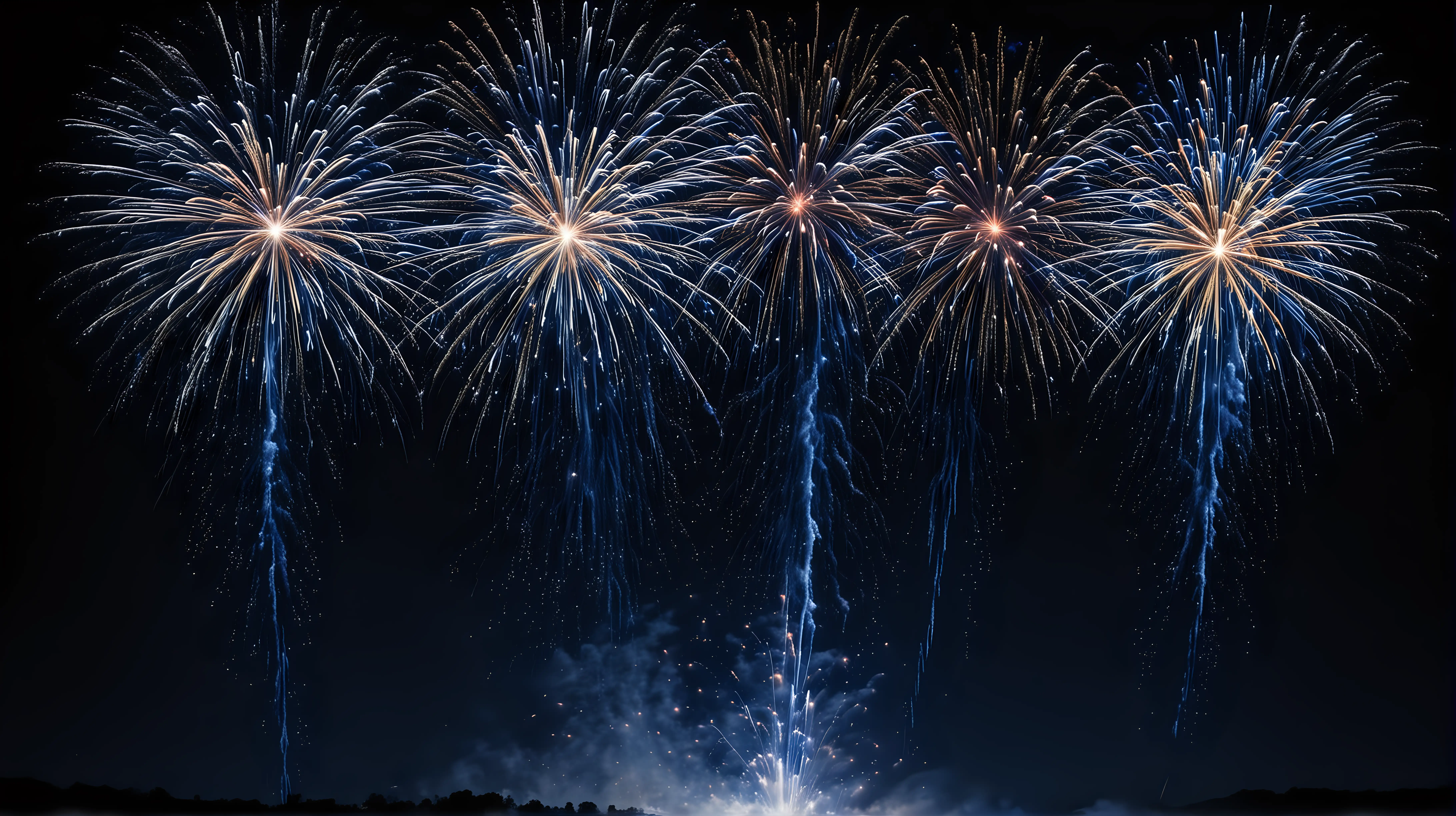 long falling, multiple cascading firework falling with very dark blue at the top of the picture and dark blue throughout the rest of the picture with NO Ground