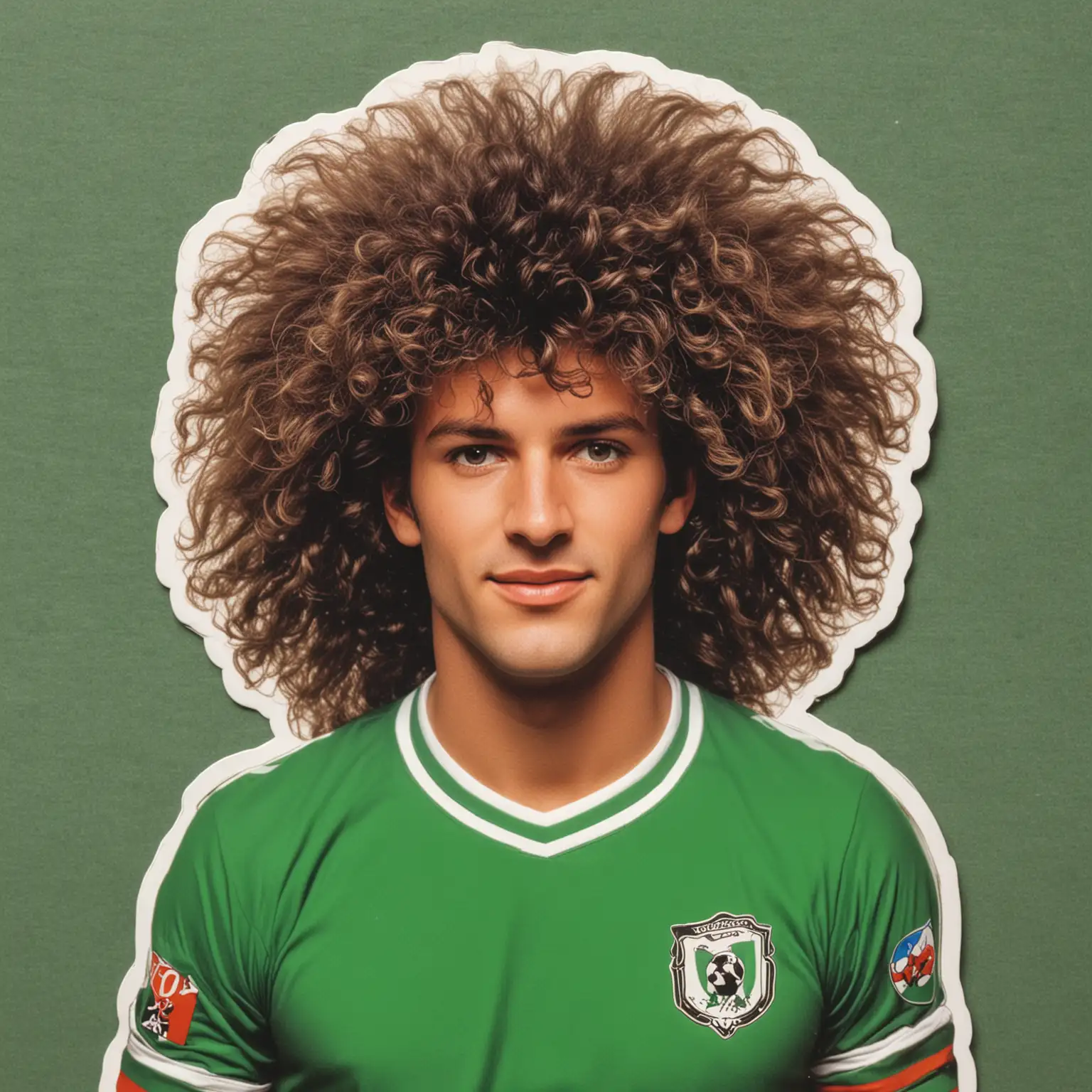 80's footballer, sticker book styler, big hair, green team kit