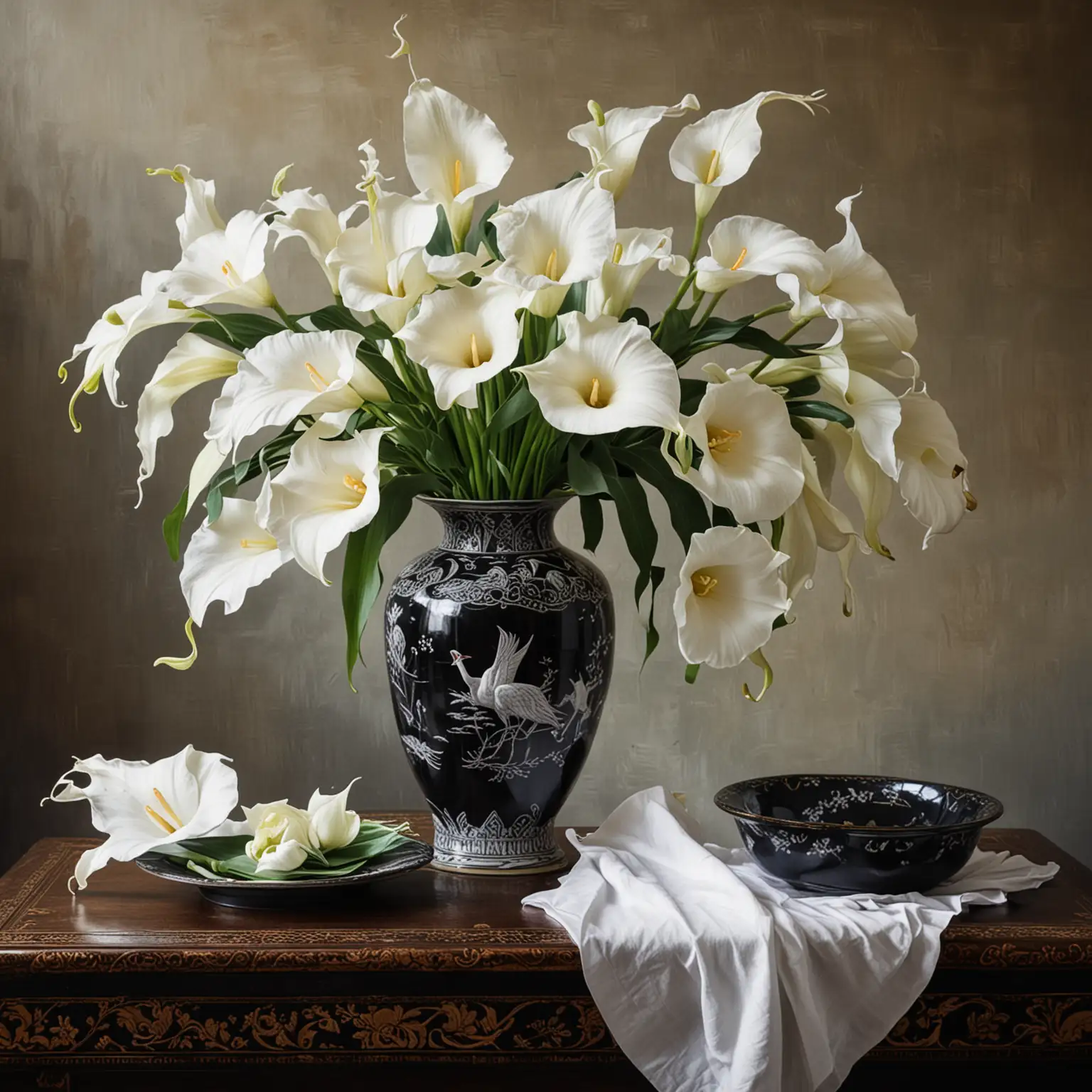 A STILL LIFE PAINTING, WITH A BLACK ORIENTAL VASE, DECORATED WITH WHITE CRANE BIRDS, , VASE CONYAINING  GIANT WHITE CALLA LILIES . SHOW A FOLDED NAPKIN ON THE TABLE