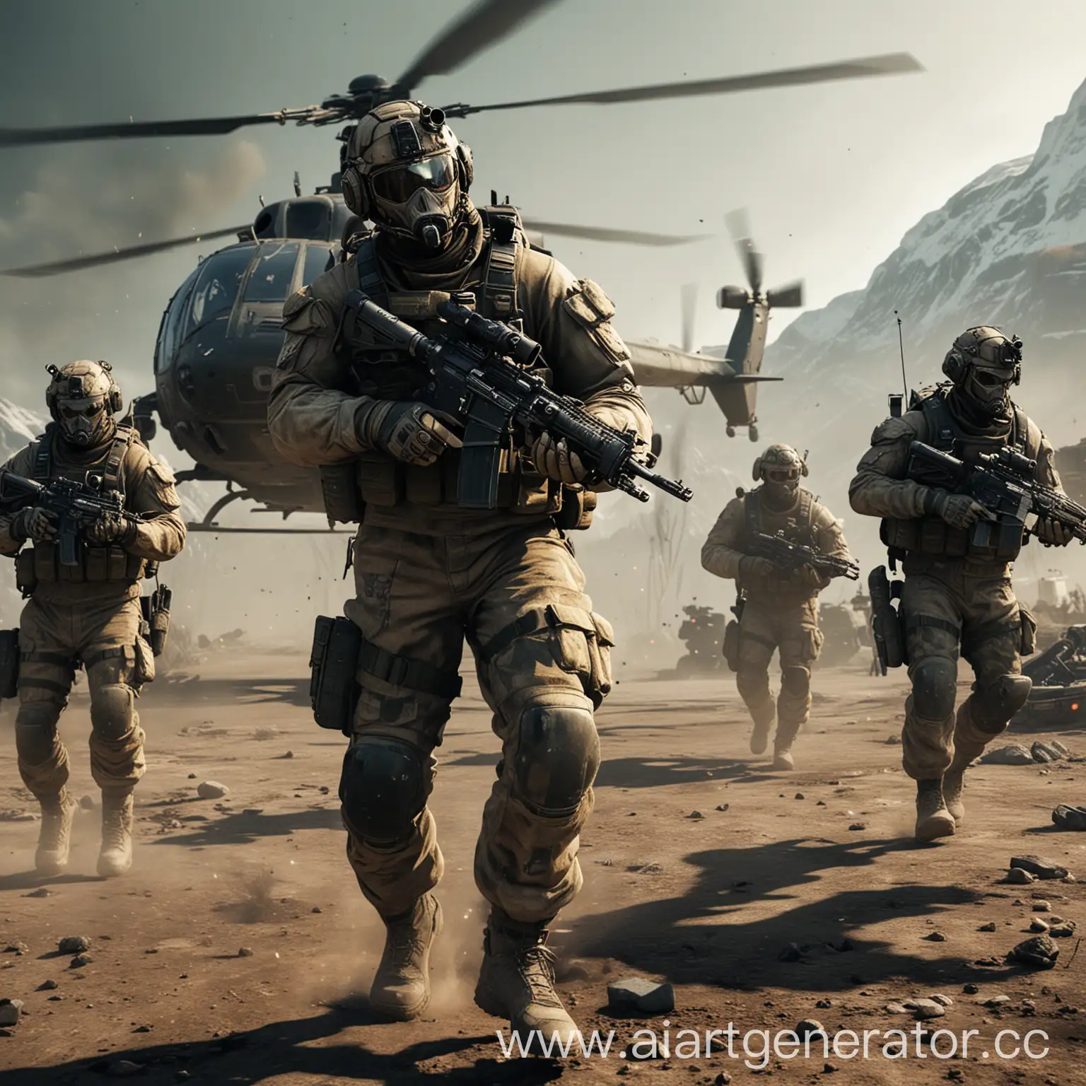 Warface  пять бойцов с автоматами в  руках на заднем фоне вертолет
