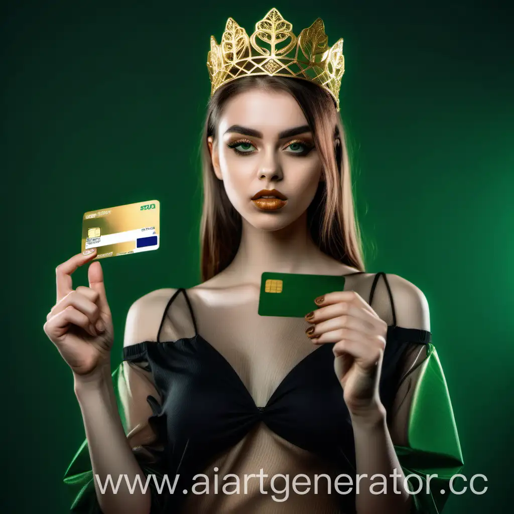 эпатажная девушка с золотыми украшениями с банковской картой в руках, смотрит прямо, прозрачный фон, зеленые оттенки