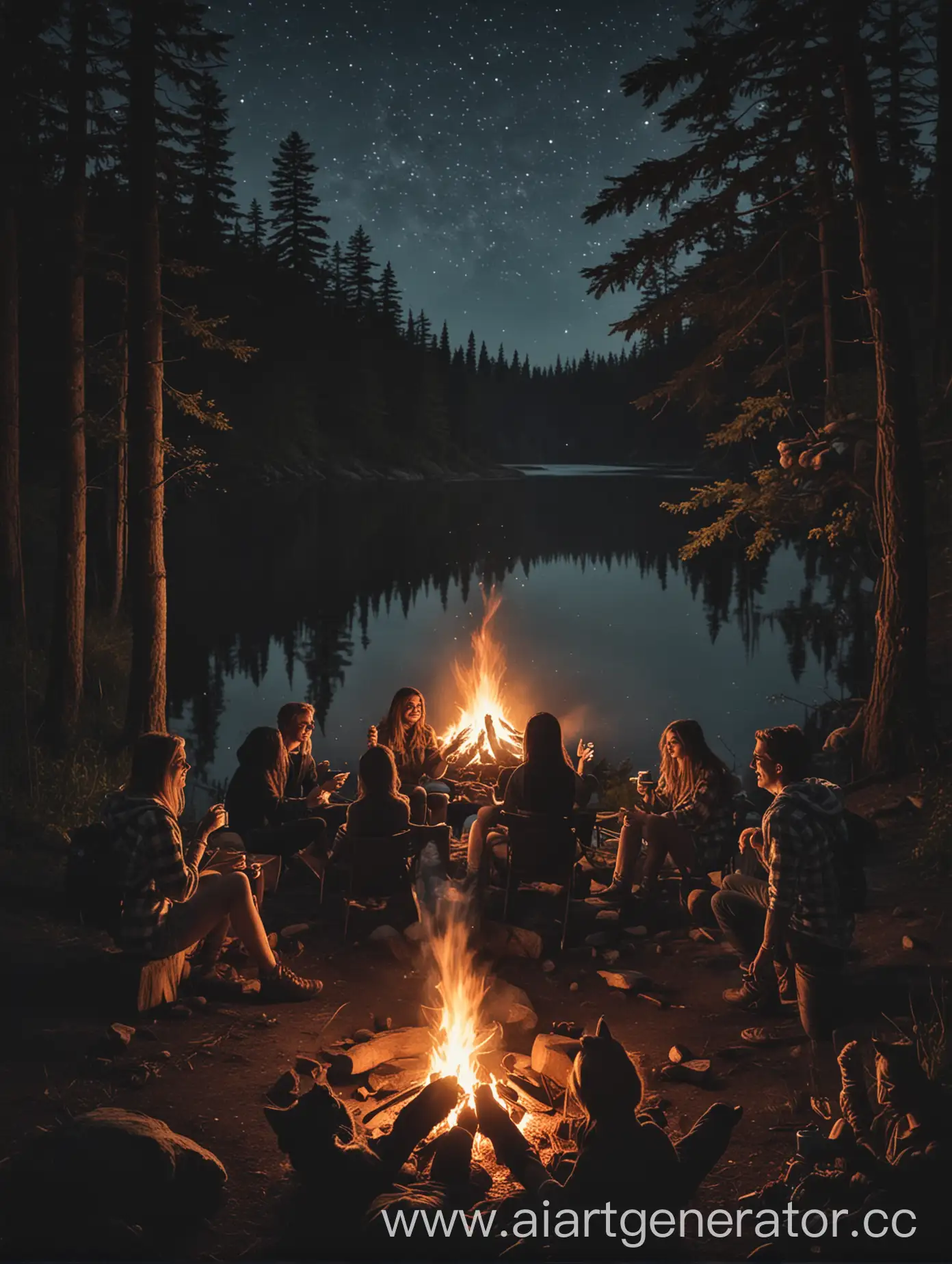 Nighttime-Campfire-Gathering-by-the-Lake-with-Friends-and-a-Black-Cat