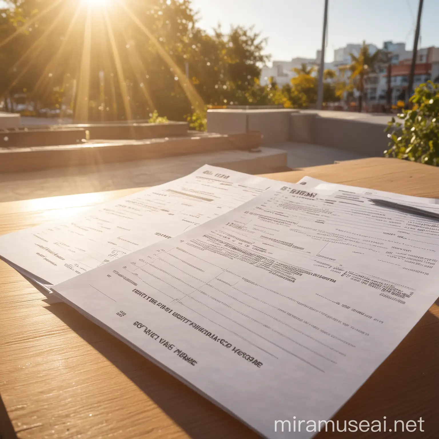 side by side Scattered registration forms  on table with sun shine and sunny background