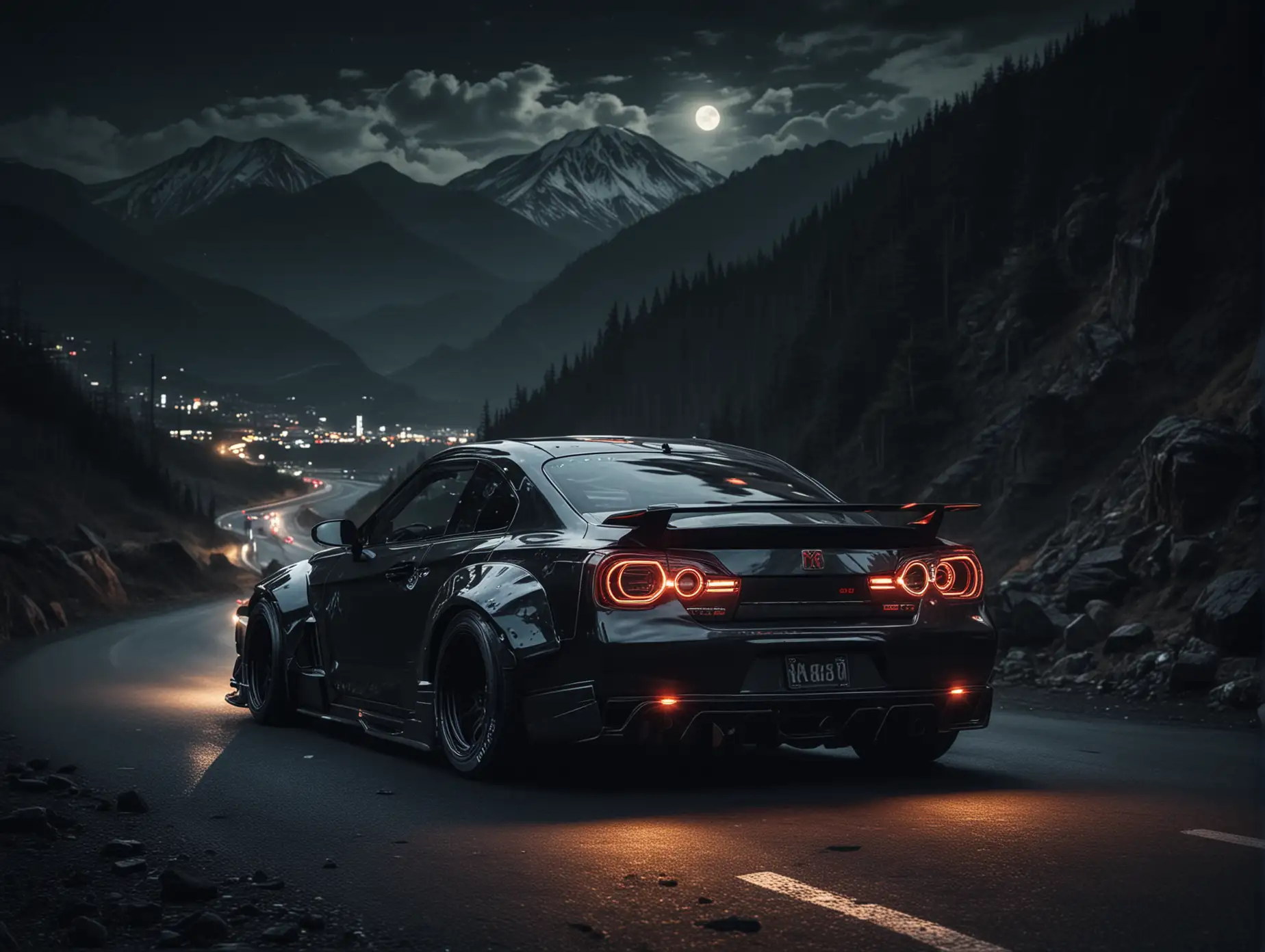 Create futuristic Japanese cars sport tuning type monsters with big Wells driving at night in the mountains background black dark color rear view from far