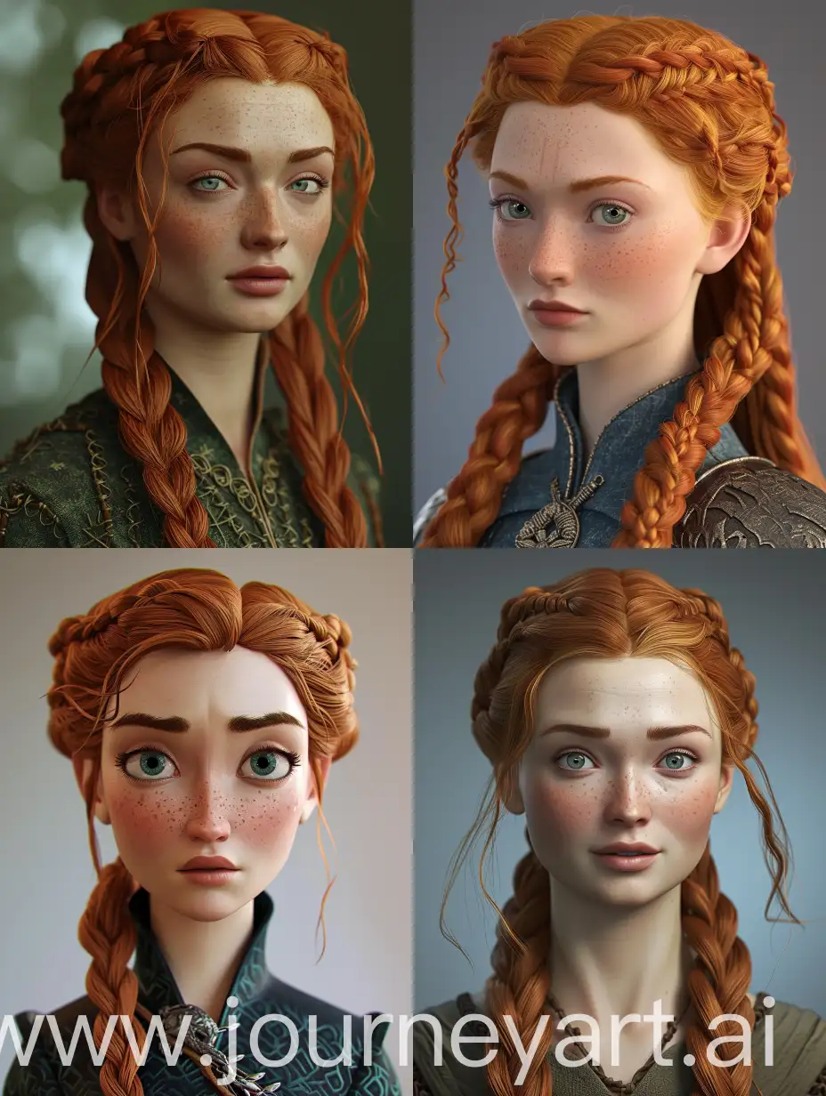 Sebuah potret gaya Pixar dari karakter [Sansa] dari seri Game of Thrones, dirender dalam 3D dengan gaya Pixar. 