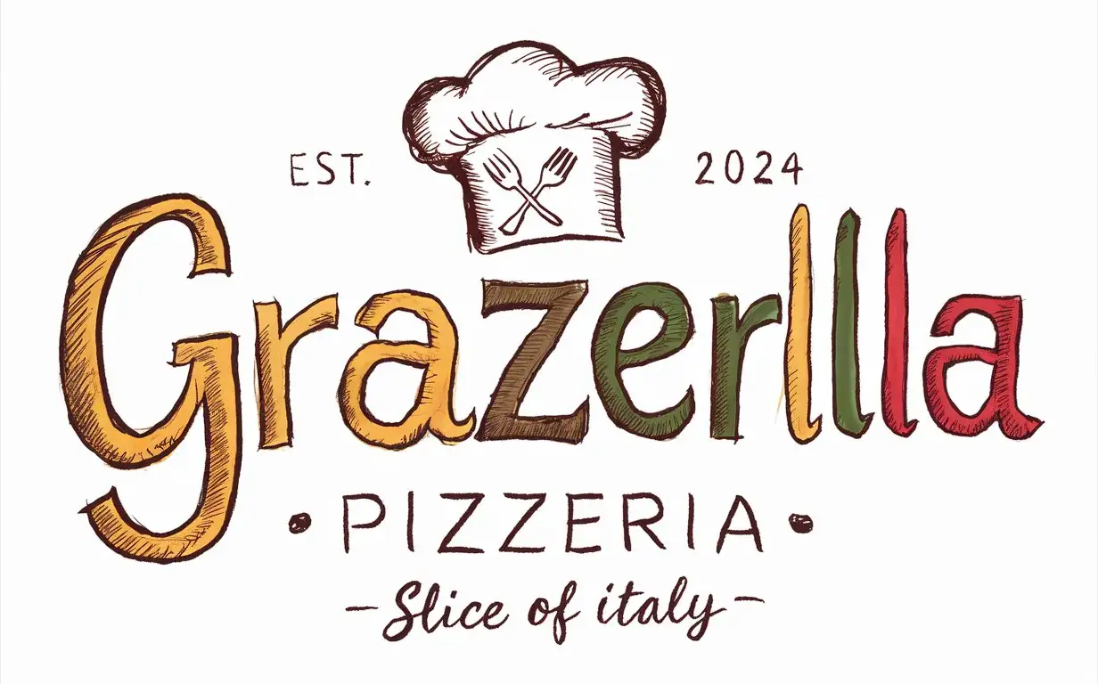 Handwriting Graziella Pizzeria logo, Italian colors ,Sketched chef's Hat, crossed fork and knife sketched, Slogan, Slice of Italy, EST 2024, Cozy atmosphere