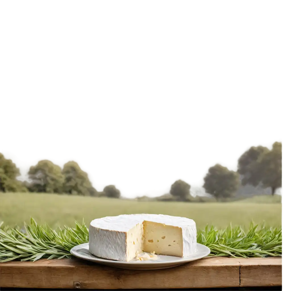 In the heart of a bucolic landscape, a camembert without packaging delicately rests on a bed of fresh grass. The soft rays of the sun illuminate the scene, highlighting the creamy texture of the cheese. Beside the camembert, a cup of cow's milk stands, its contents inviting tasting. Stalks of wheat sway gently in the breeze, adding a touch of rusticity to this countryside scene. In this idyllic tableau, the refined simplicity of nature meets the delicacy of dairy, creating a soothing visual harmony.