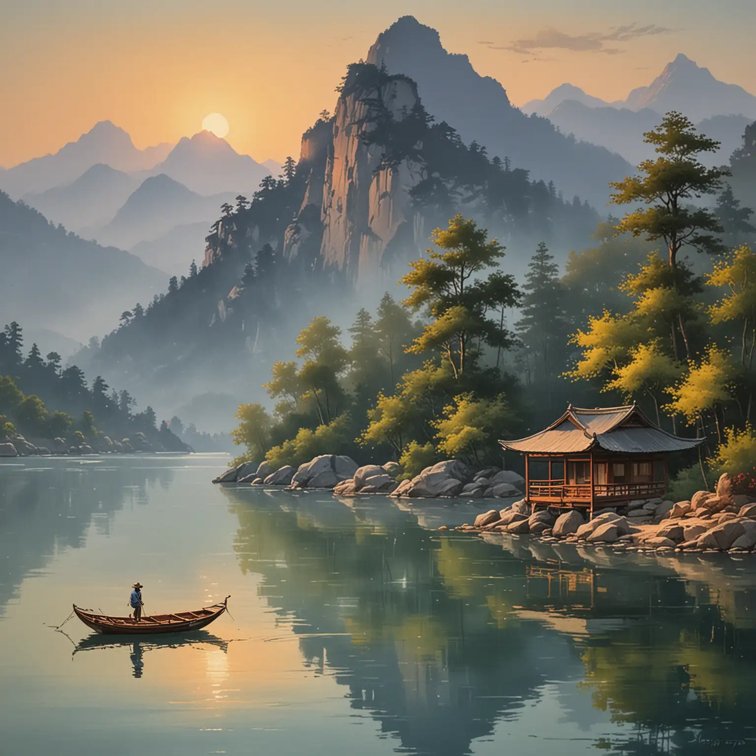 mountain and water painting, pavilion, small boat, evening