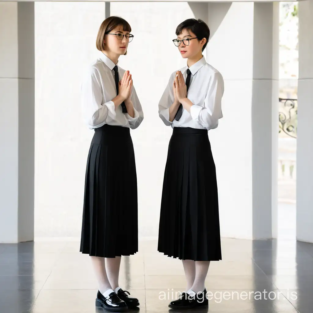 Realistic photo of two catholic postulants with folded hands as in prayer with short hair and glasses dressed in a black long pleated skirt that covers her knees and a white blouse and black tie and white stockings and black mary jane flat shoes