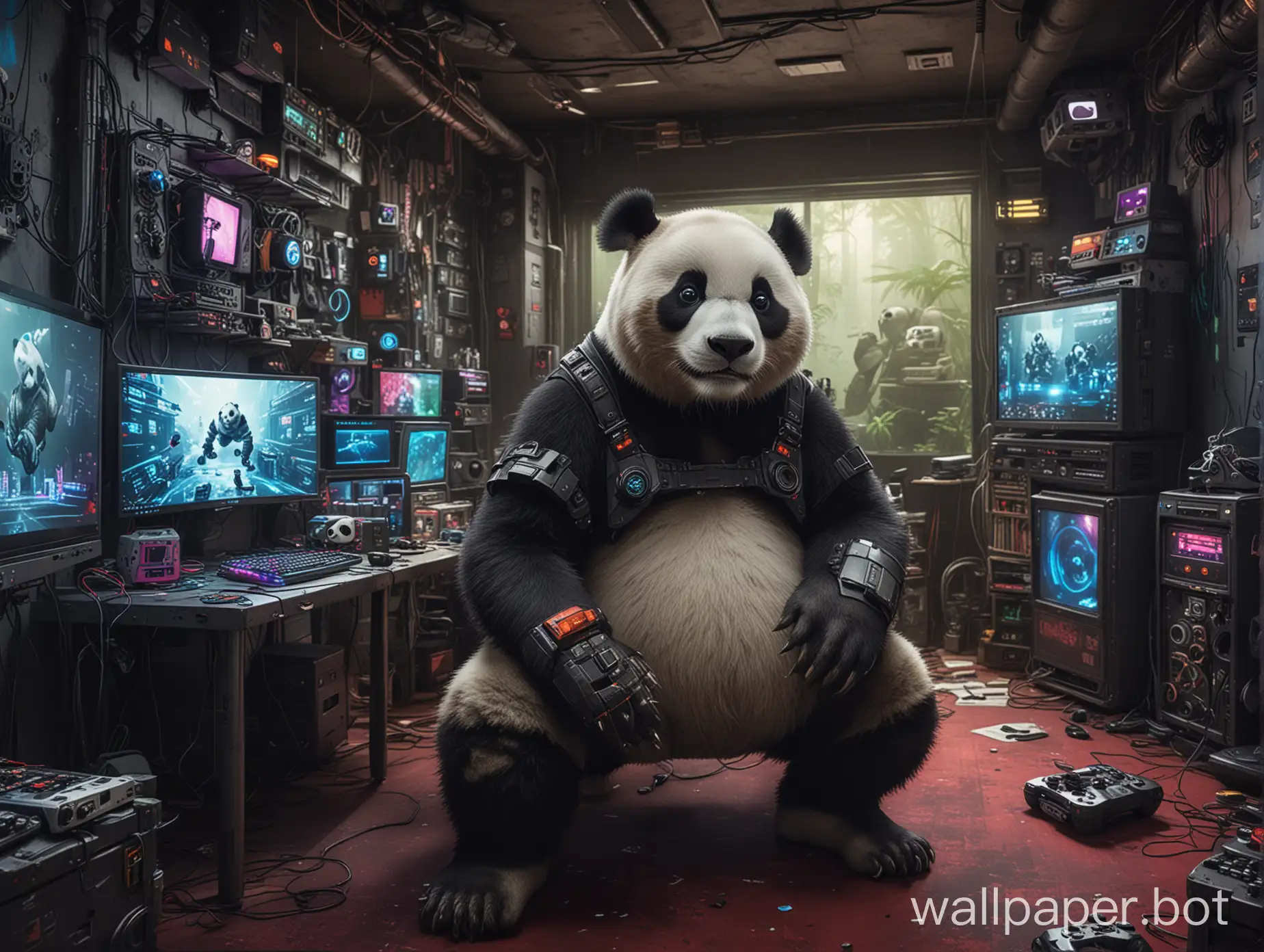 A Panda playing video games in a gaming room filled with electronics and cyberpunk devices