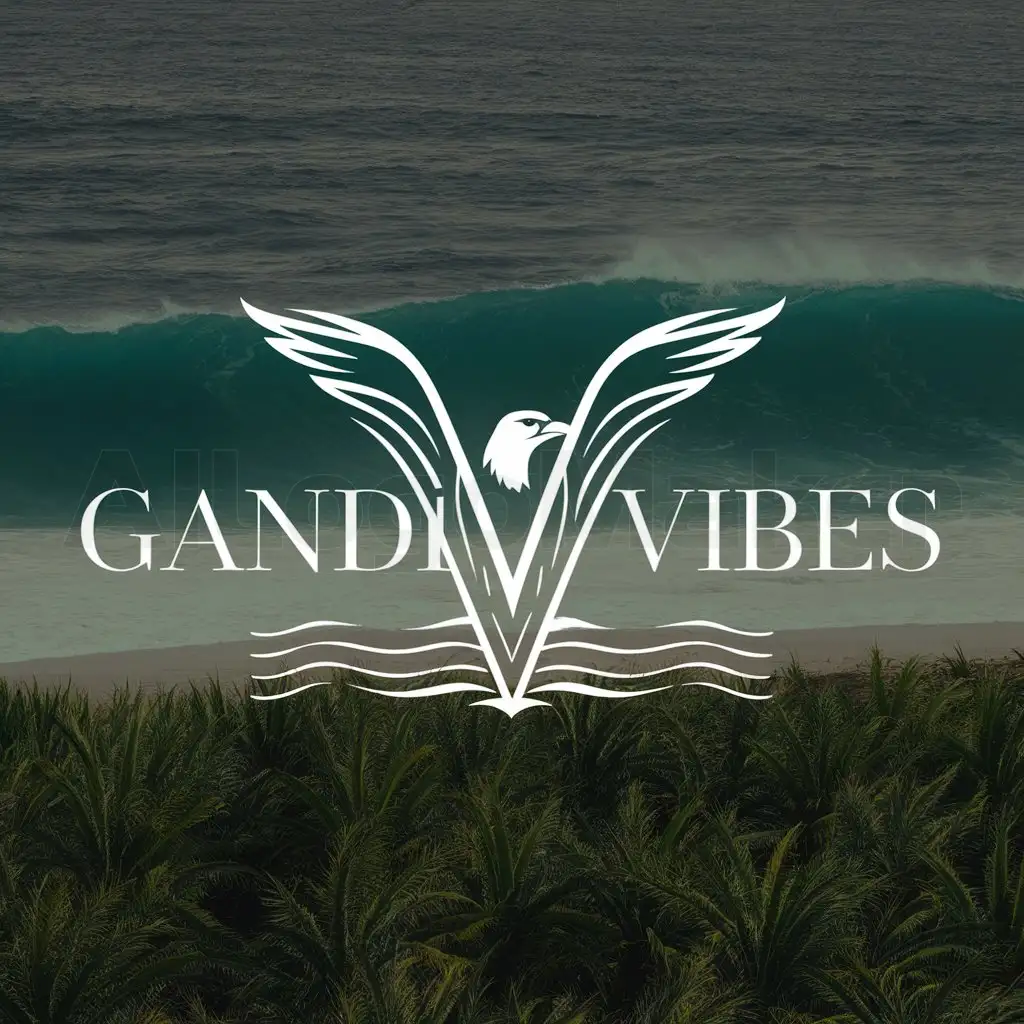 a logo design,with the text "Gandhi Vibes ( the V is replaced by the main element of the logo, the harrier wings )", main symbol:A Reunion harrier (a raptor) with wings in the shape of a V, with ocean waves and sugar cane fields underneath,complex,be used in Education industry,clear background