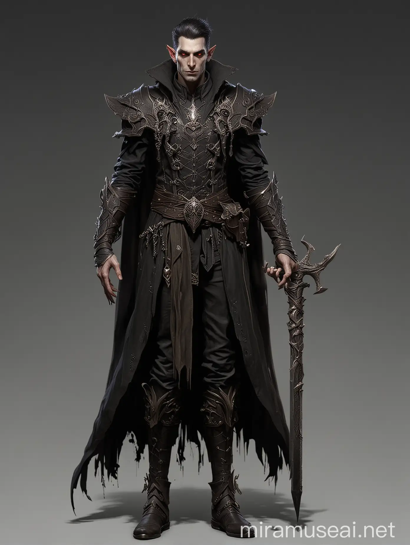 Evil male warlock, fantasy character design, fullbody, slim, elf, necromanter