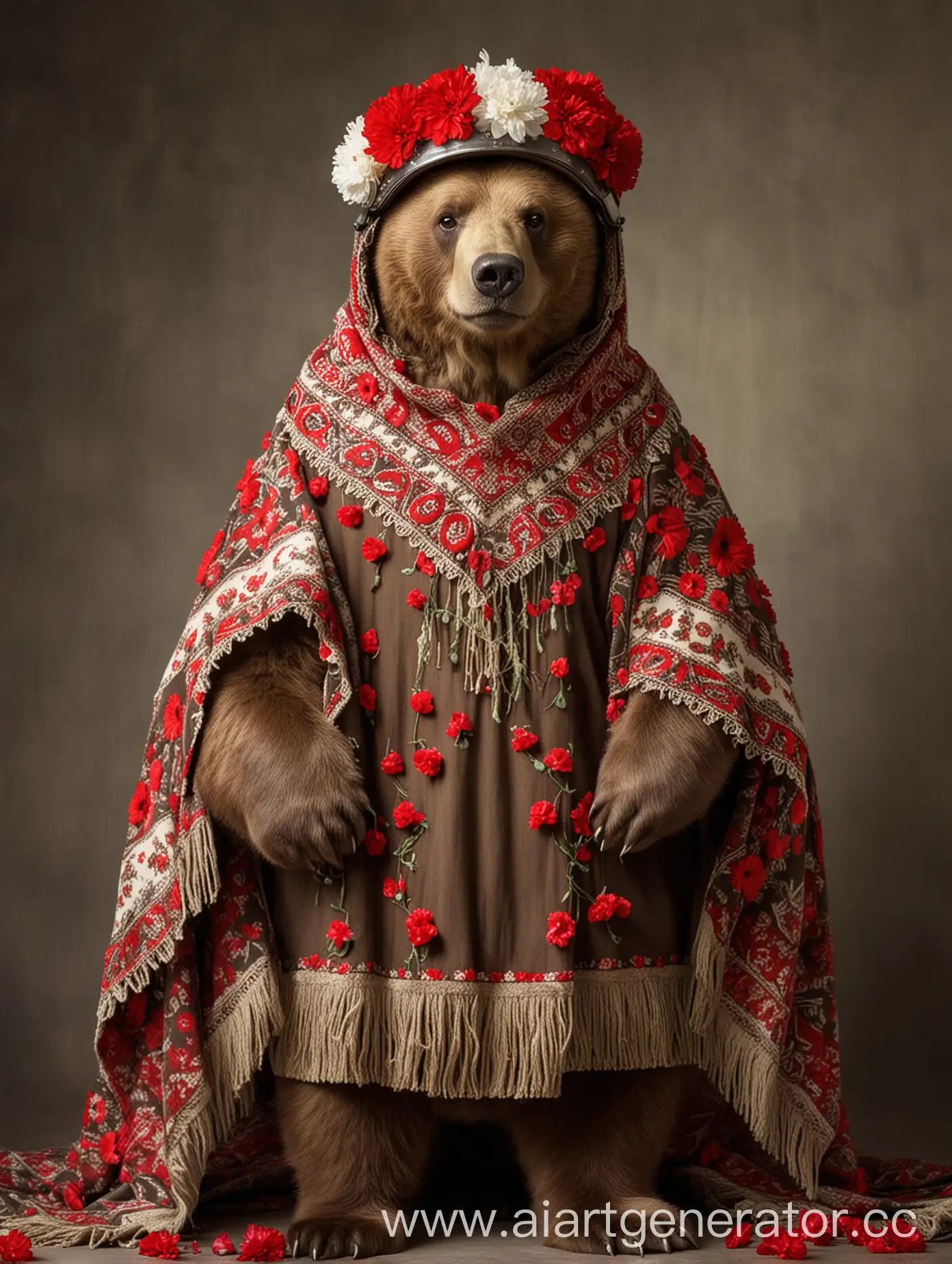  бурый медведь в русском платке с военным шлемом на голове, красные гвоздики в лапах