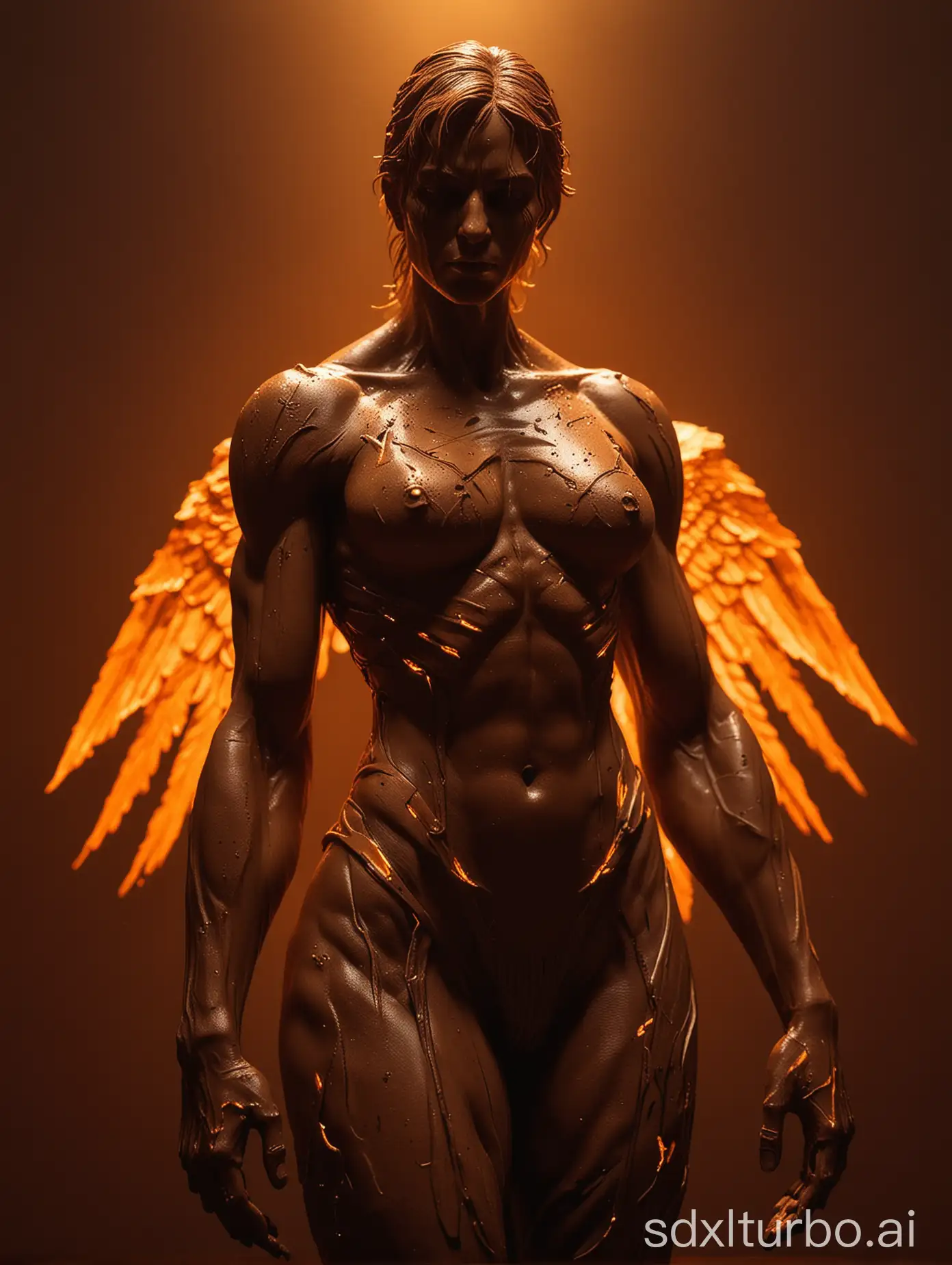 muscle angel statue sad, epic cinematic portrait, under the orange light, night, minimalistic, deus ex orange trails