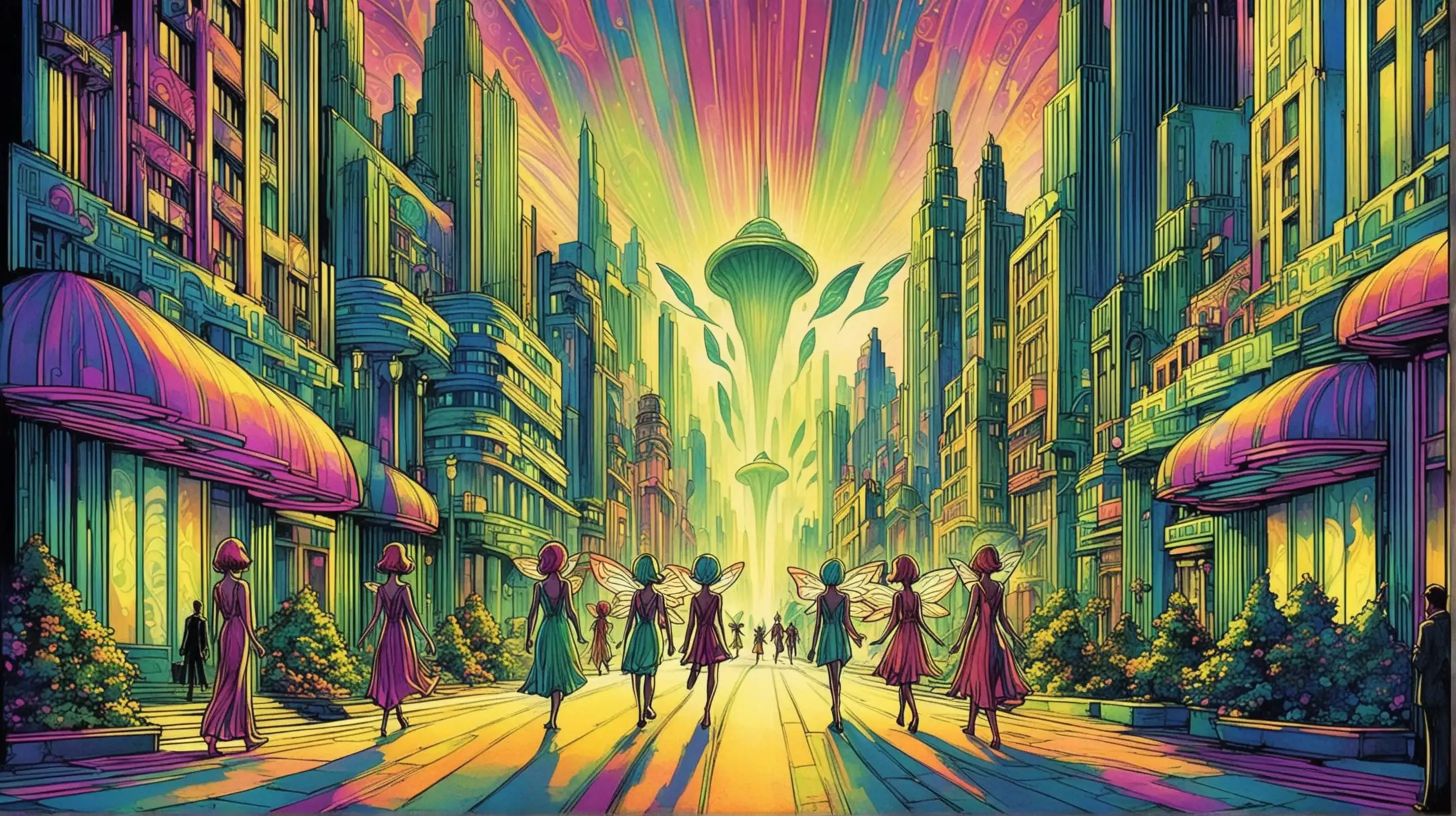 Concept Art, Psychedelic, art deco city, fairies walking on a sidewalk, face