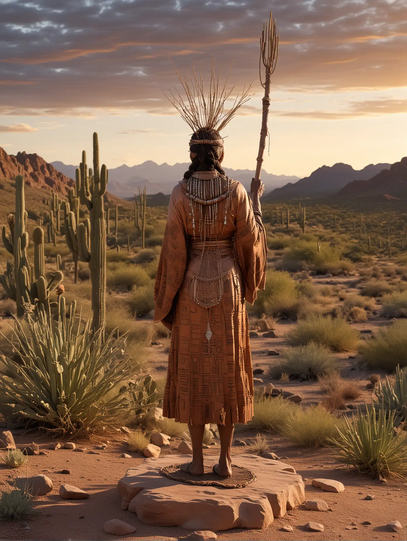 Create a towering figure on a huge pedestal of a Tohono O'odham woman elder made from copper or bronze, holding a traditional basket and staff, overlooking the Sonoran Desert. Please add a lighting element that can shine brightly in the Arizona desert. Create in a desert sunset.
Representation: Honors the Indigenous peoples of the region and symbolizes protection, wisdom, and the deep connection to the land.
Design Elements: The elder’s garments could be adorned with traditional patterns, and the base could be surrounded by native cacti and flora.