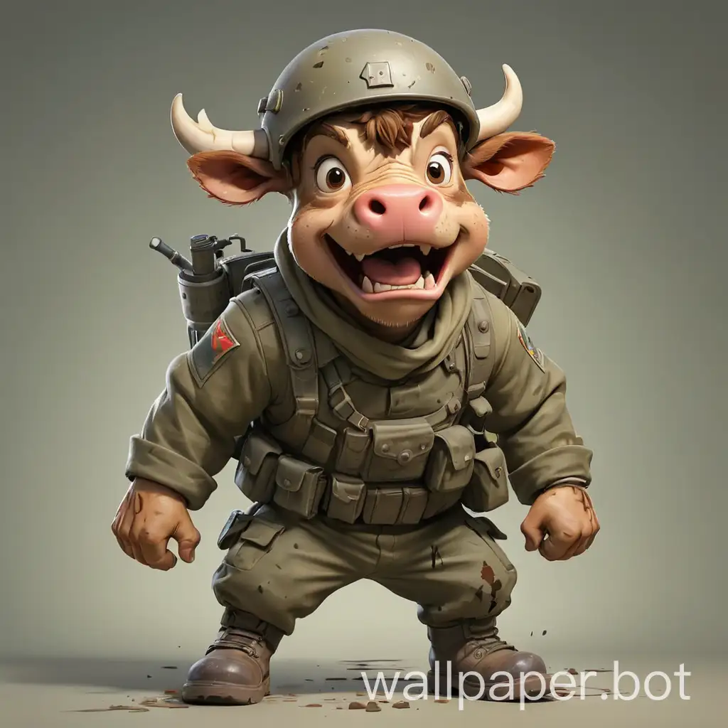 A panic bull-calf in cartoon style, dynamic pose, full body, army machine gunner, soldier grimy clothes with boots and helmet, with clear background