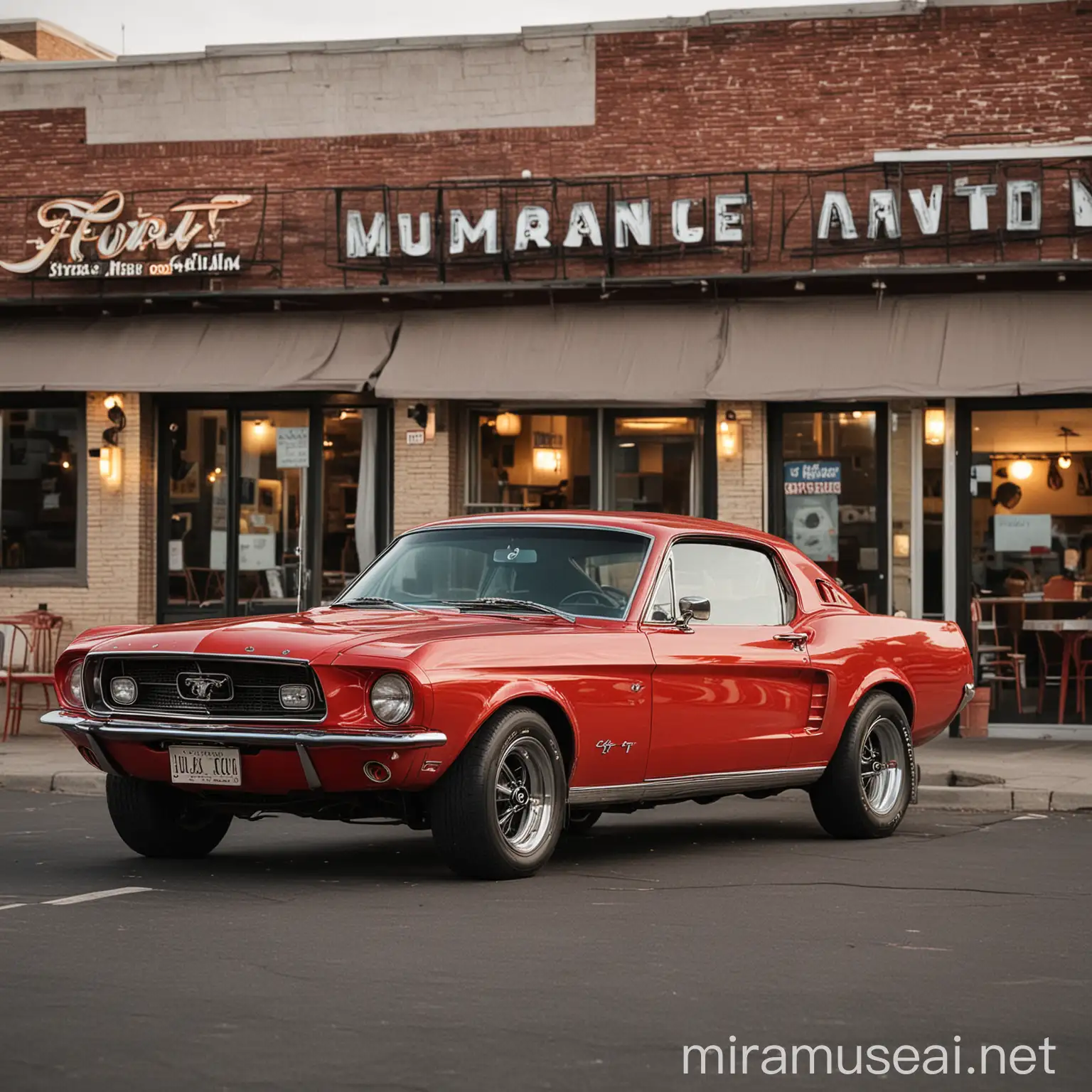 Sebuah mobil muscle car Ford Mustang tahun 1967 berwarna merah tampak dari samping sedang parkir di depan sebuah restoran.