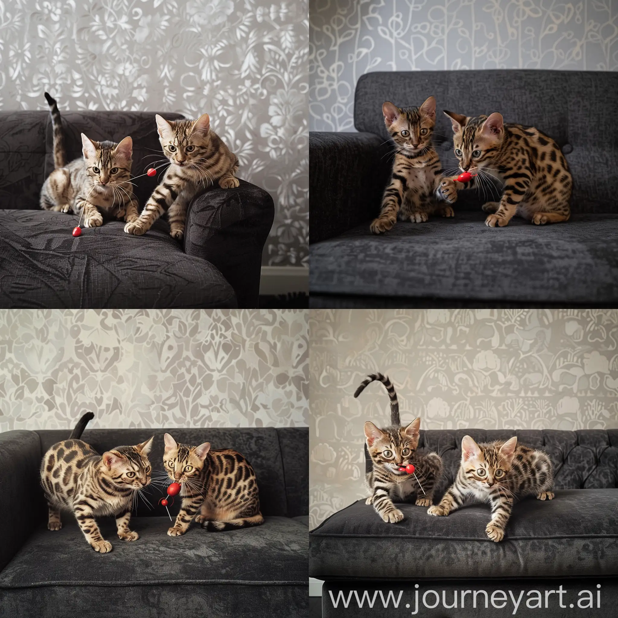 Две кошки породы бенгальской играют на темно сером диване, на фоне светло серых обоев, одна кошка толще и держит в зубах красную мышку, другая кошка щербатая, обе смотрят в кадр