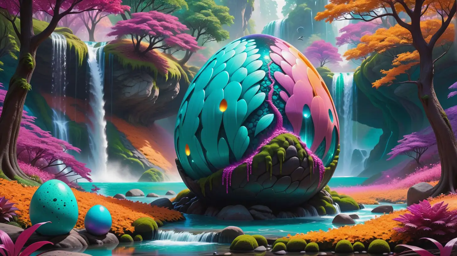 Turquoise. Pink. Blue. Green. Yellow. Orange. Purple. Weird alien plants surrounding a dragon egg in front of a magical waterfall. Surrounded by turquoise trees in a forest. 