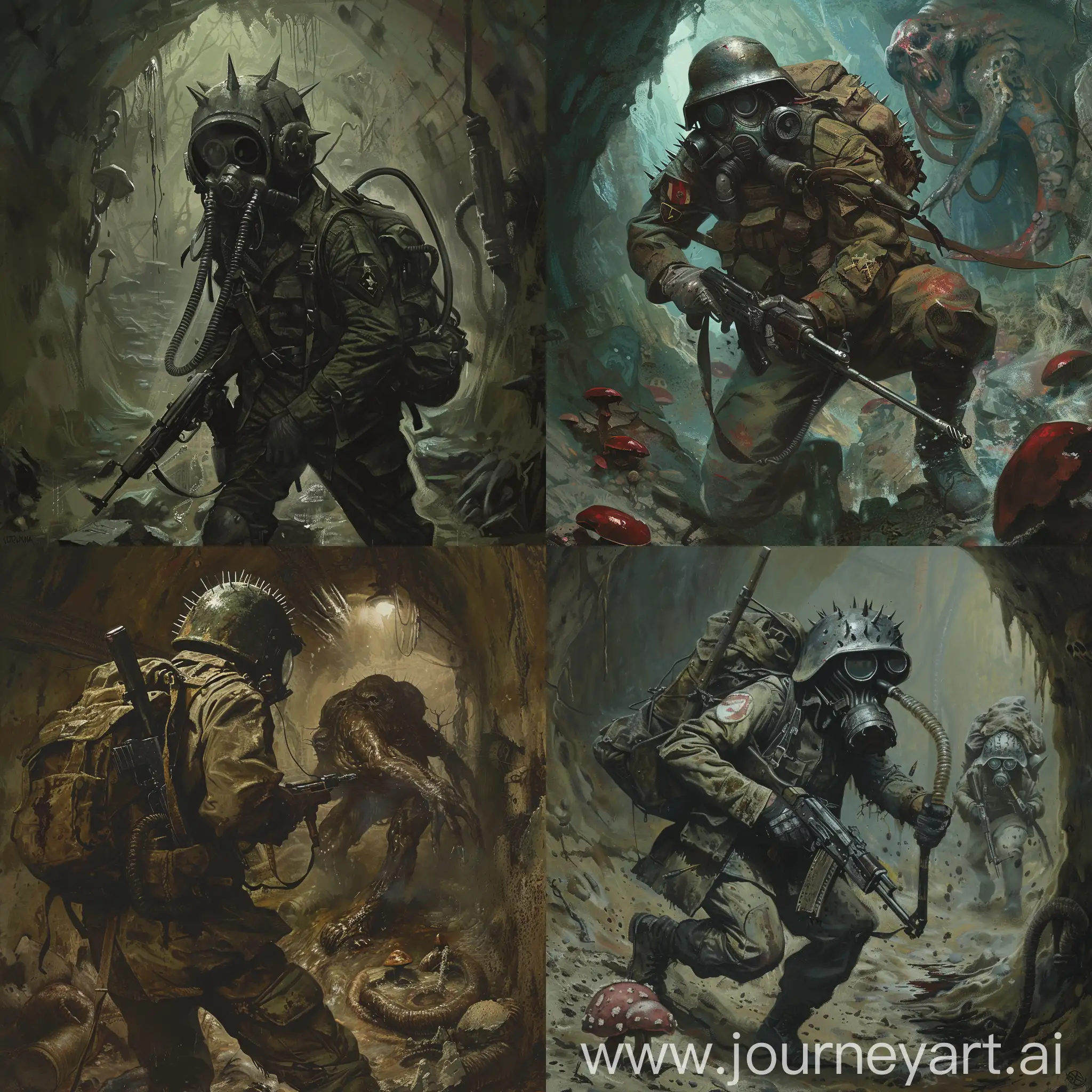 A stalker in a dirty and torn Soviet uniform, helmet with spikes on the stalker's head, a gasmask without filters with a breathing tube that is connected to the gasmask and which goes into the stalker's backpack, also wearing a bulletproof vest, holding a sniper rifle, a small backpack on his back, a stalker in the catacombs is running from a huge very big mutant worm is chasing a stalker, catacombs in slime and mushrooms, there are no light sources, darkness, the atmosphere is tense, dynamic.