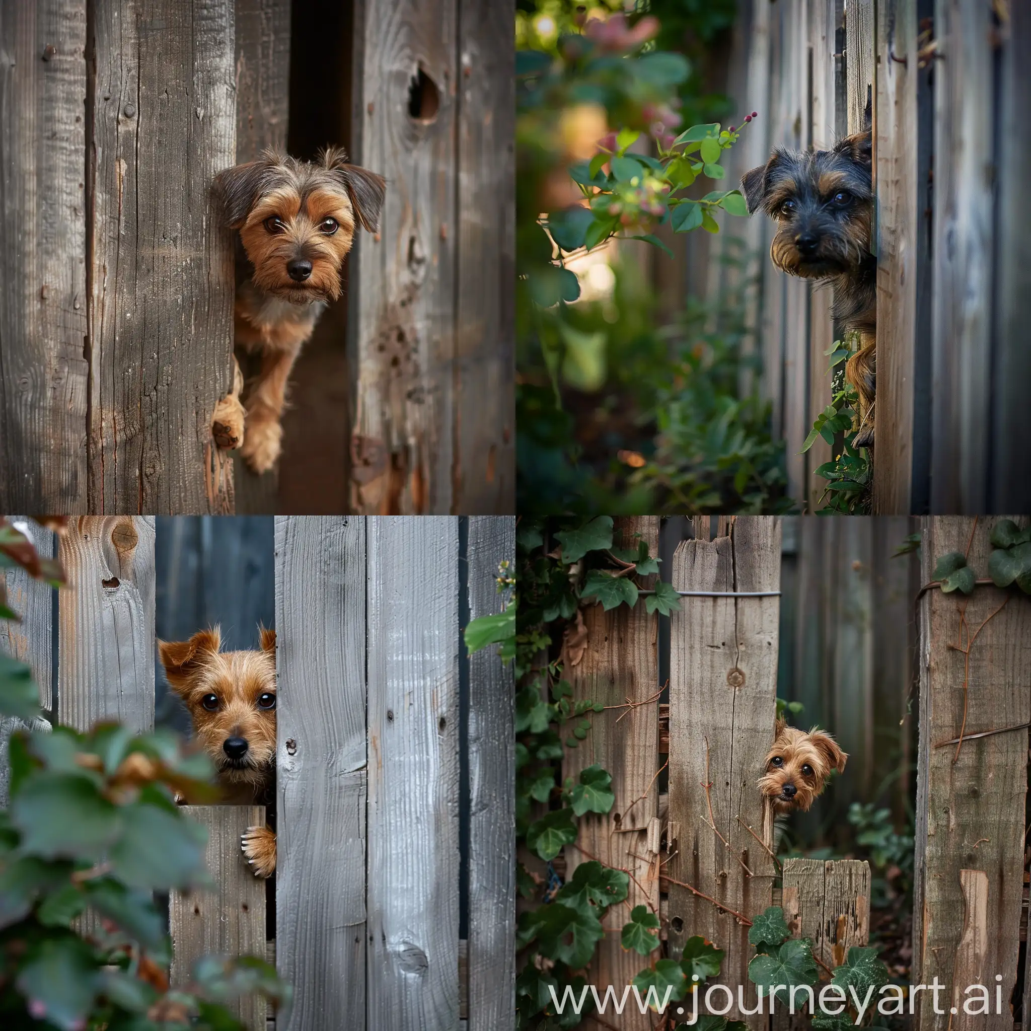A small dog climbs out through a gap in the fence.
