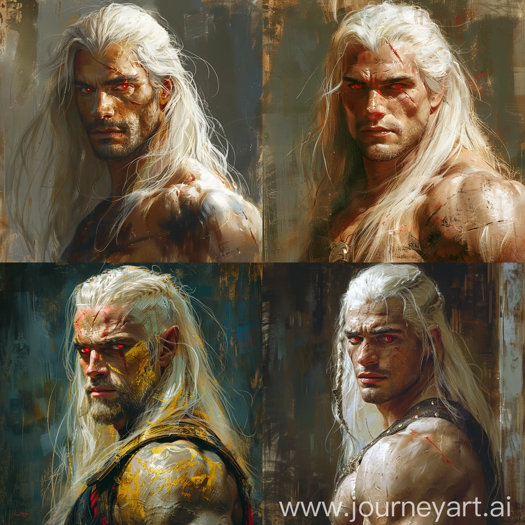 Subject: a Warrior of Warrior s; skin Purer than gold, red eyes, long white hair, muscular,  looking at The camera, emanates power that can rewrite infinities. Style/coloring: extremely realistic painted realism, detailed digital painting concept art, detailed painting by Gaston Bussière, Craig Mullins. A mystical, dreamlike portrait in a cinematic style, Ed Emsh, Virgil Finlay, Norman Saunders, Hubert Rogers, Earle Bergey, Kelly Freas --upbeta --s 250 --v 6 -- --v 6 --ar 1:1 --