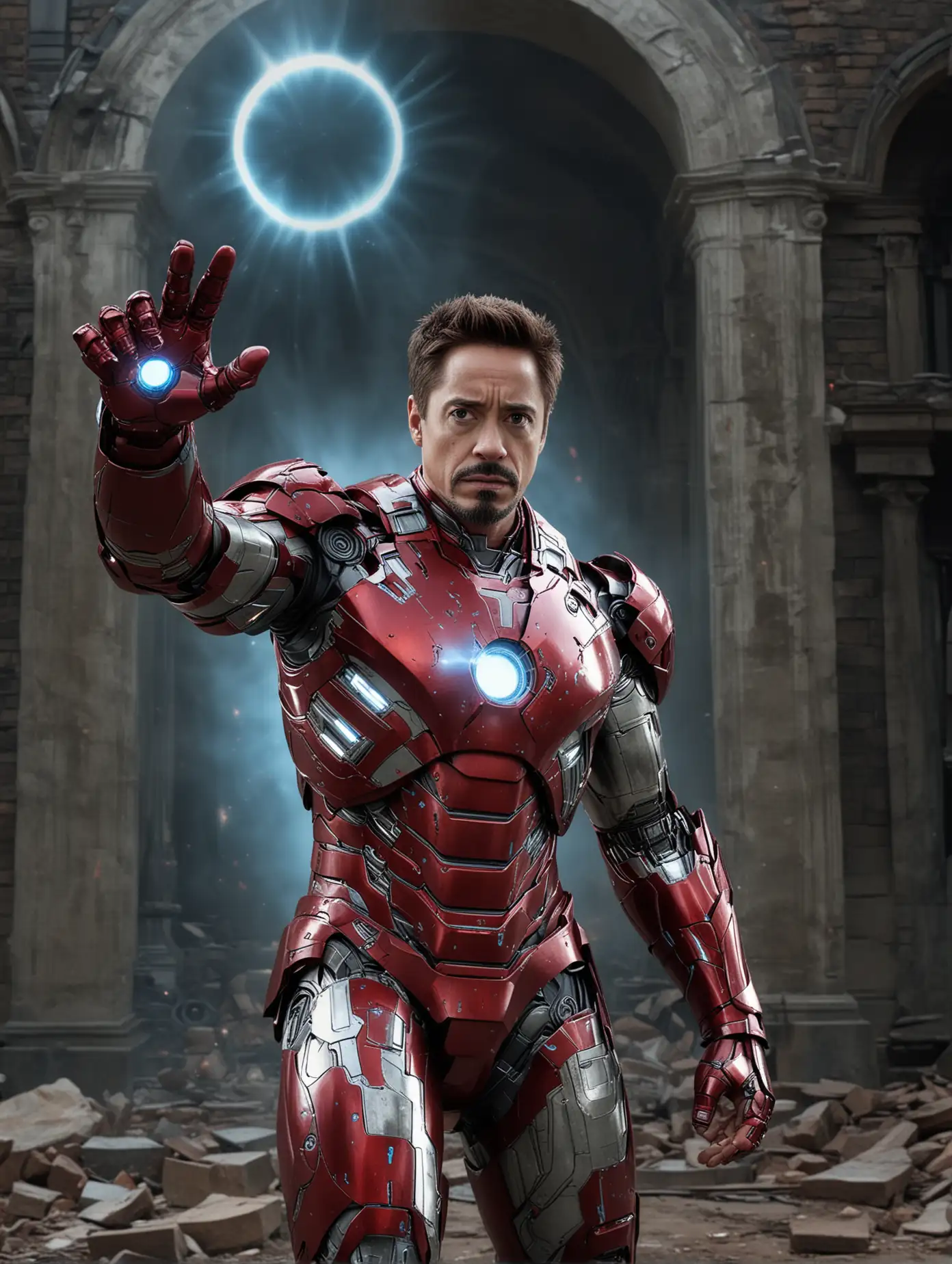 Photo of Robert Downey Jr. as Iron Man, wearing red and silver armor with a blue glowing circle on his chest, the ruins of a building. He reaches his hand toward the camera, pointing one finger upward, showing a white circular light emanating from that finger. Marvel Studios Style