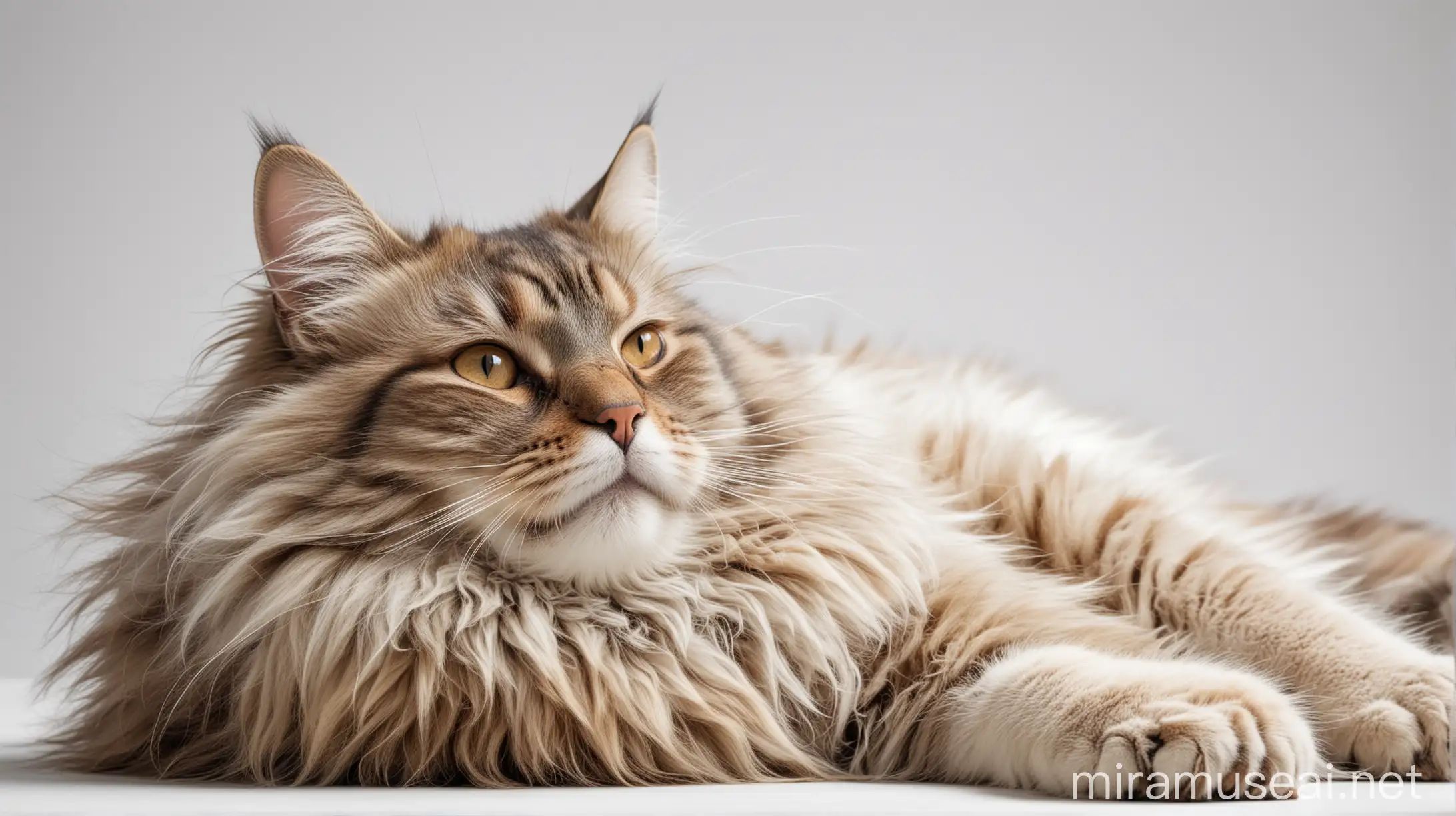 Create a focused view of a relaxed cat lying down, with every detail of its fur and expression clearly visible against a white background