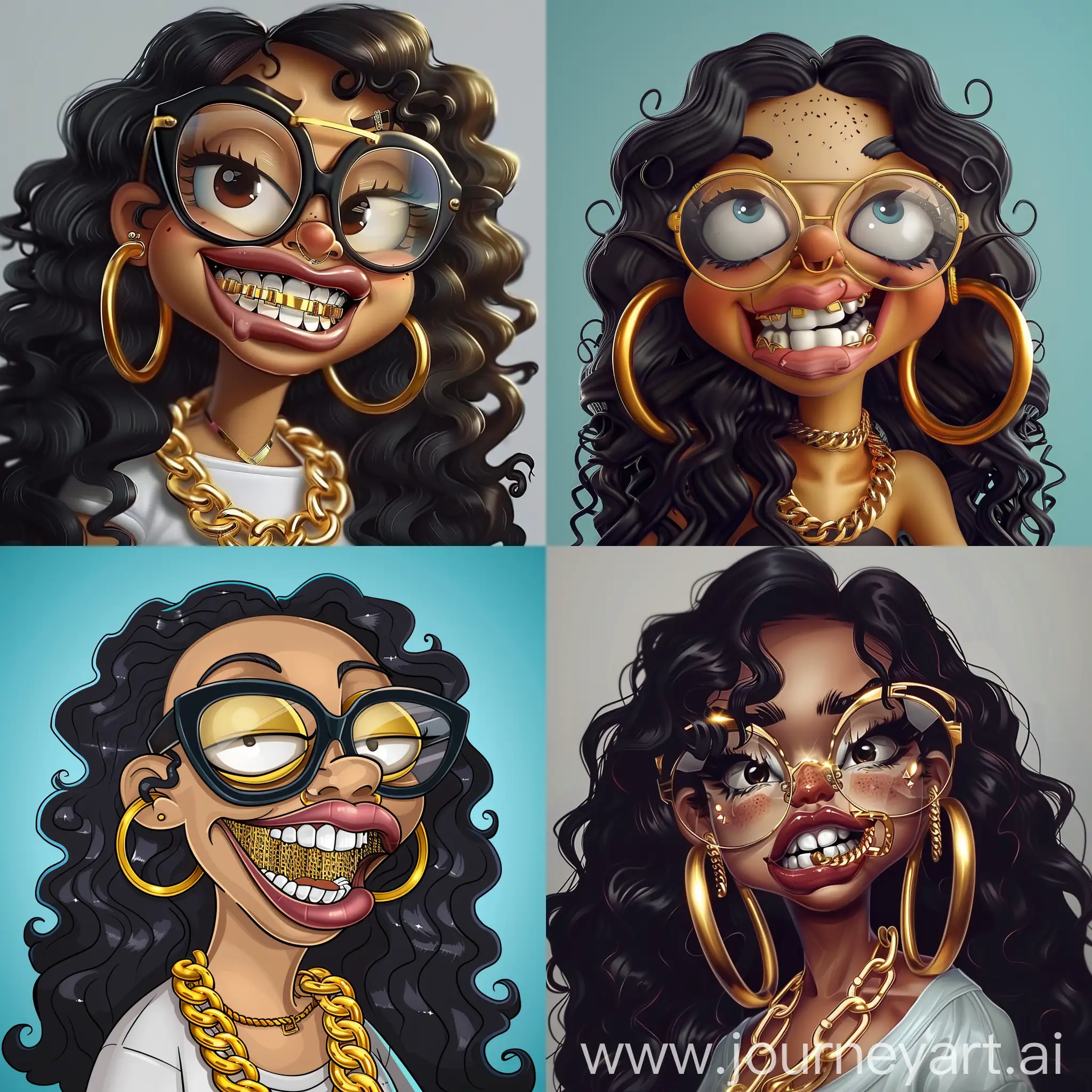create a curvy simpson style cartoon character woman with glasses, gold hoop earrings, big lips, big teeth with a gold grille, long black curly hair and gold cuban link chain
