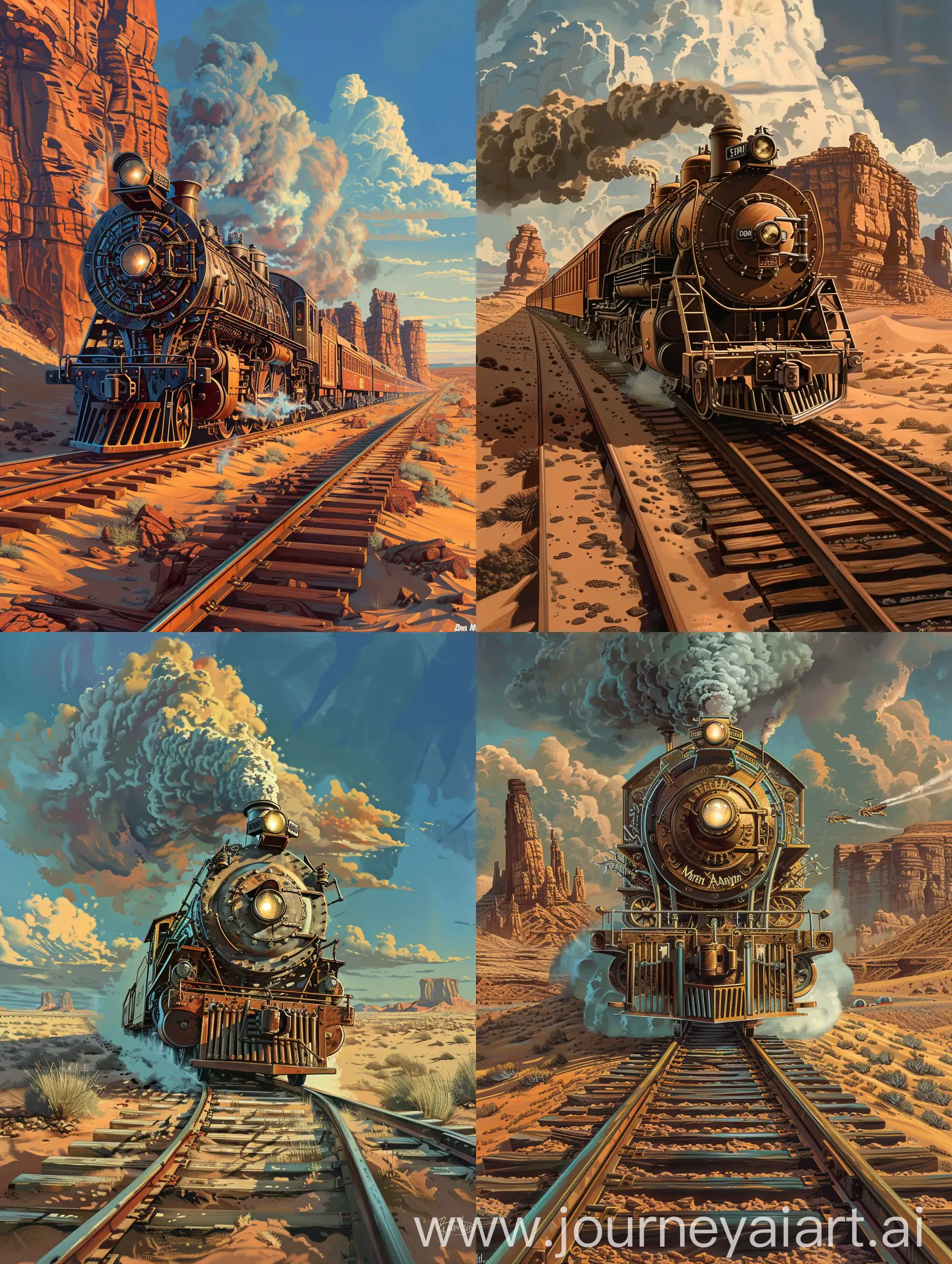 Steampunk-Train-Traveling-Through-Desert-in-Martin-Ansin-Style